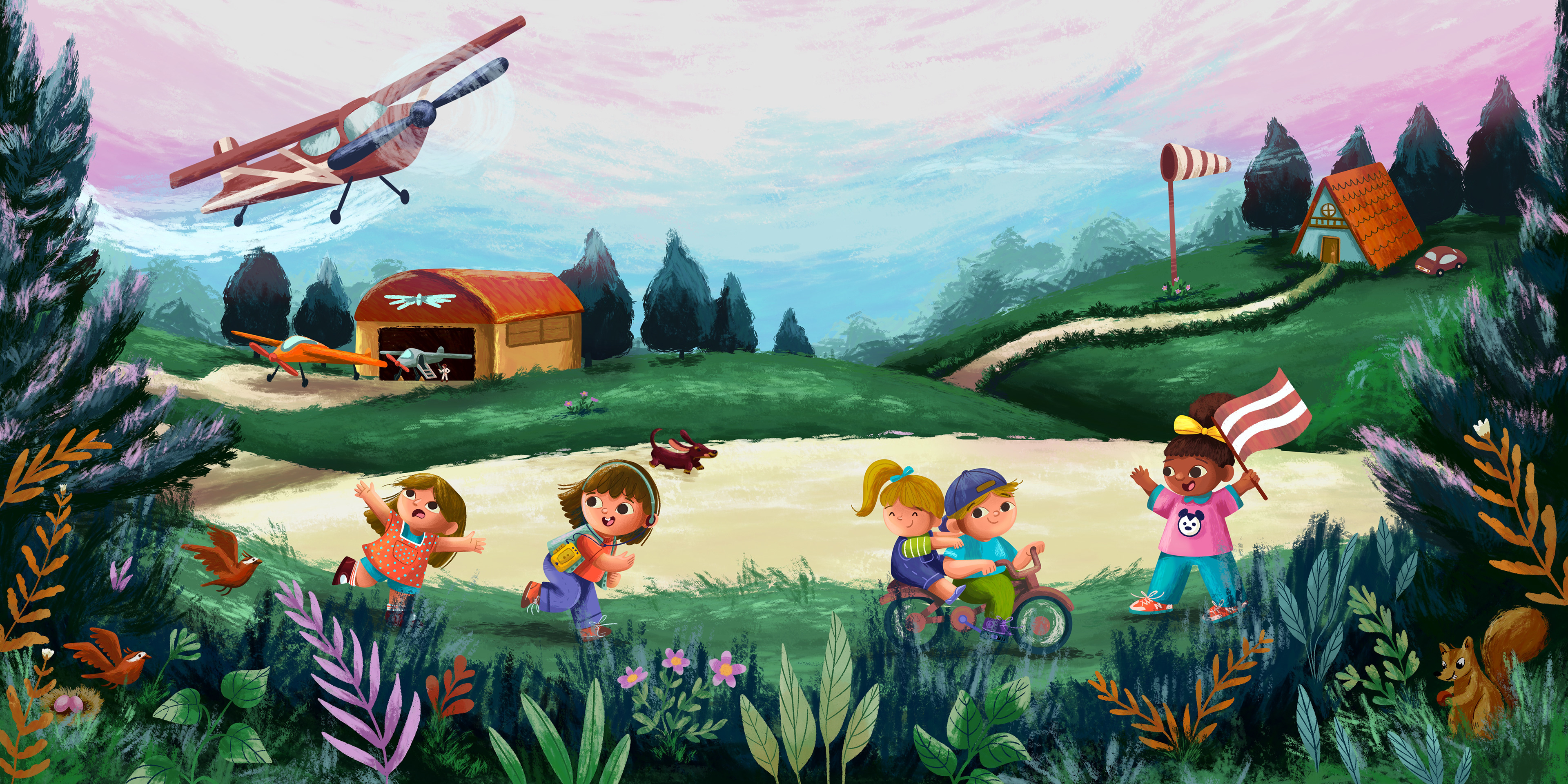 The illustration depicts a group of children engaged in various activities. Two children are riding a bicycle, two others are running, and one child is waving a flag at the finish line. In the background, you can see a chalet on one side and a hangar with planes on the other. A plane can be seen flying across the sky. In the foreground, there is foliage and birds flying around.