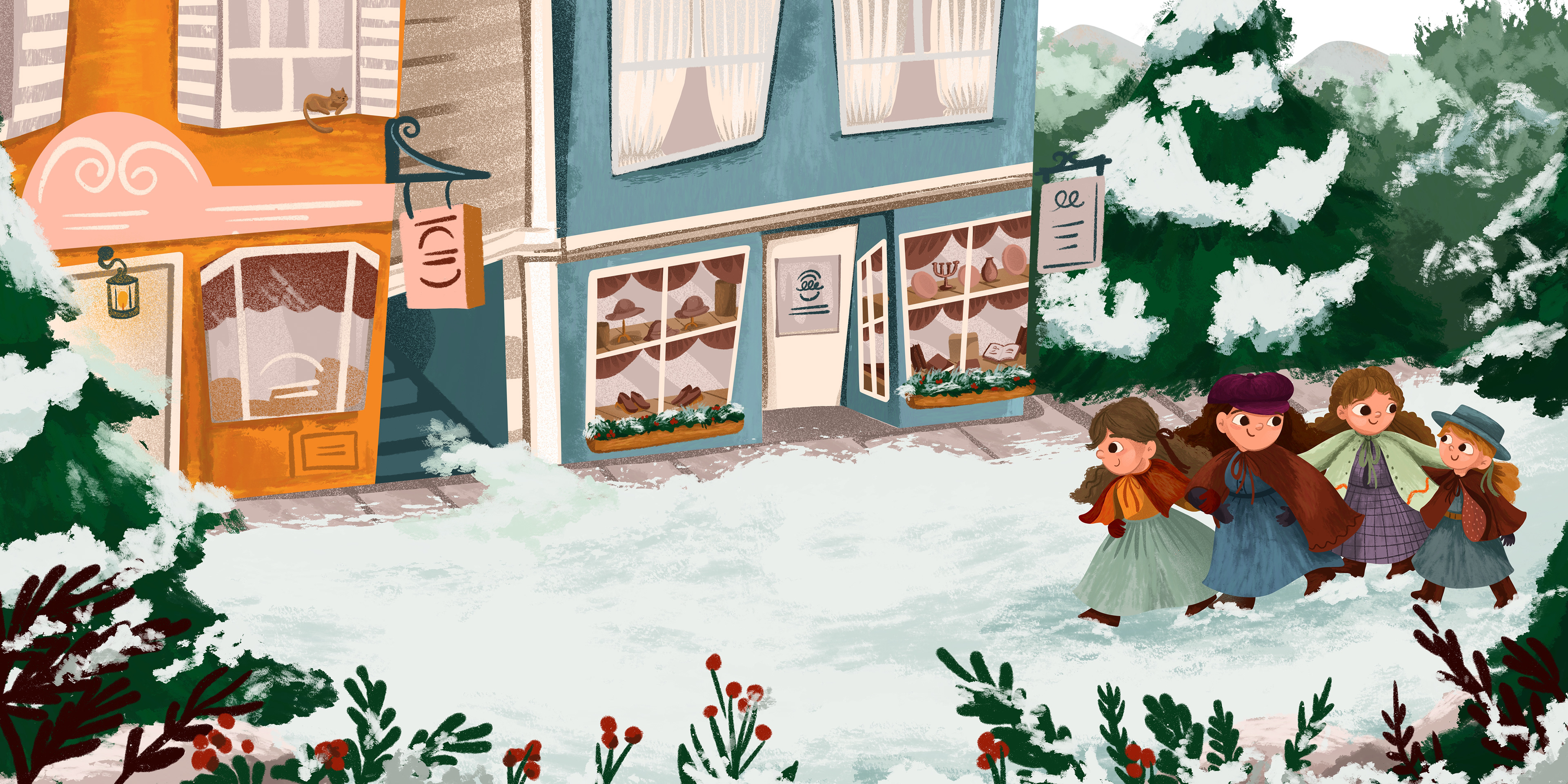 Illustration of a scene from the text The Little Women, in which we see 4 girls walking together wearing coats, in a landscape with lots of snow. In the background we see stores, with items in the windows. Around pine trees and gardens partially covered in snow.