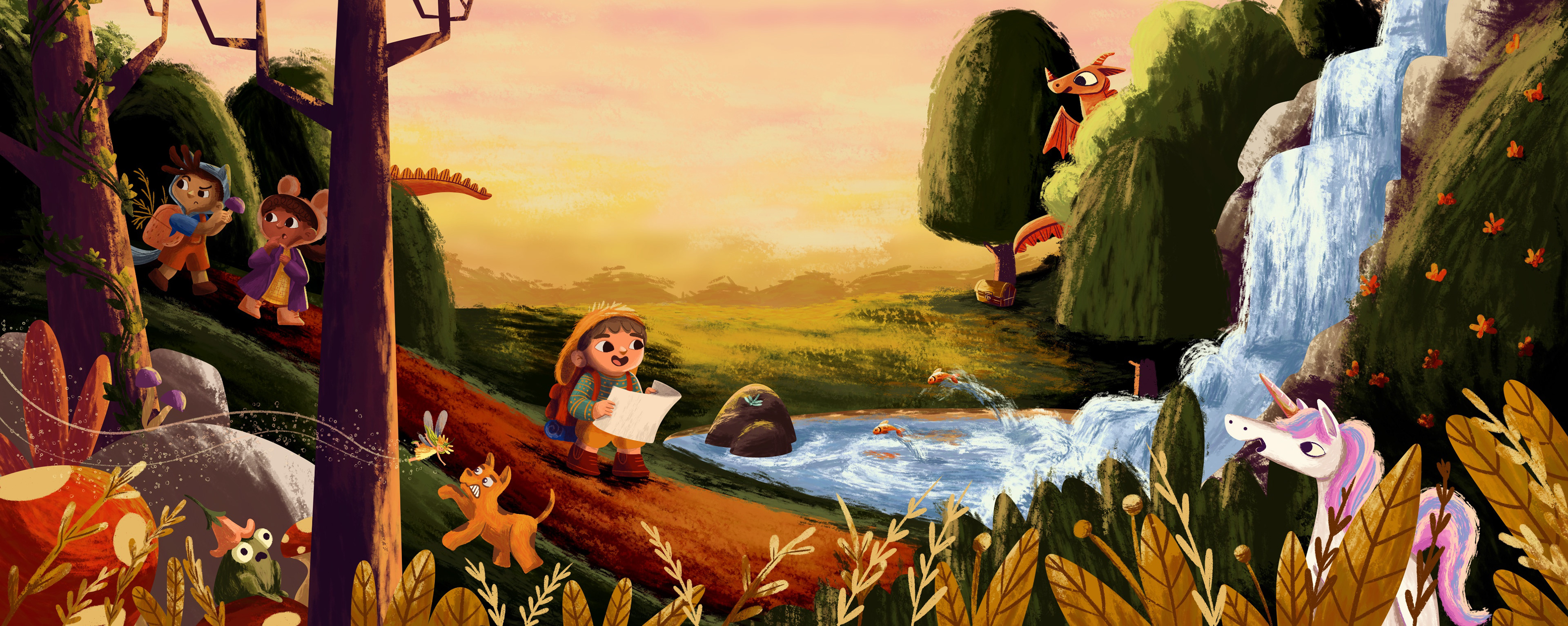 Illustration with three children following a path in the middle of an enchanted forest, two children further back near the trees, one further ahead with the map in hand, in front of them a waterfall. Some magical beings are hiding behind the trees, two dragons and a unicorn. A dog barks at a fairy.