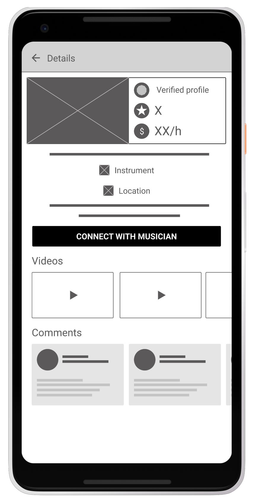 Low-fidelity digital wireframe for mobile device