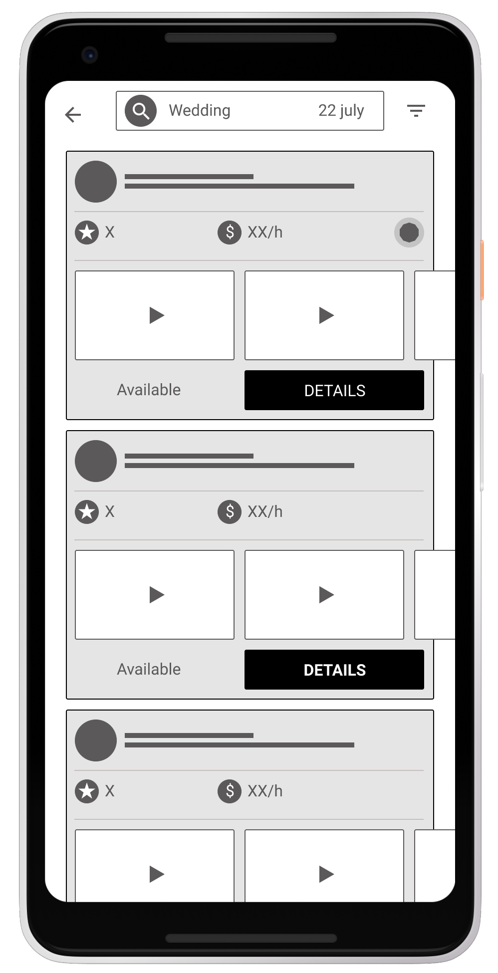 Low-fidelity digital wireframe for mobile device