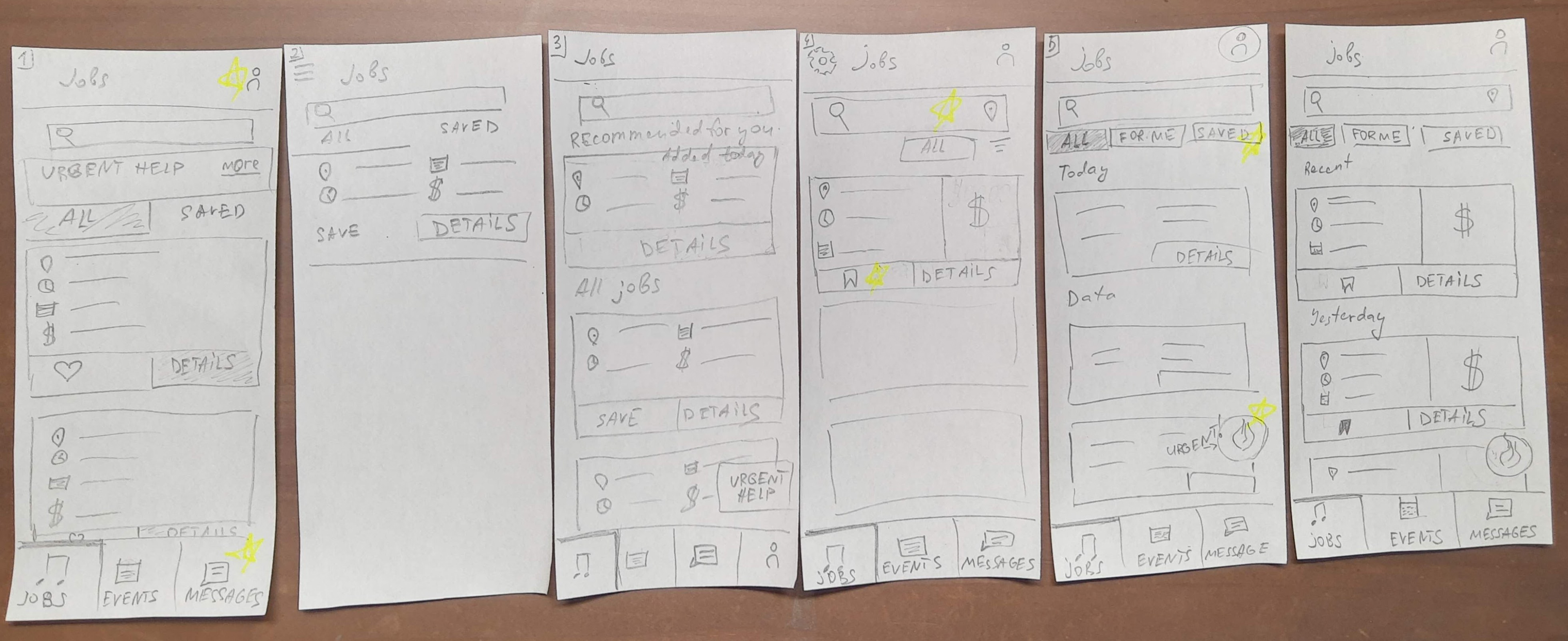 Iterations on paper wireframes for mobile device