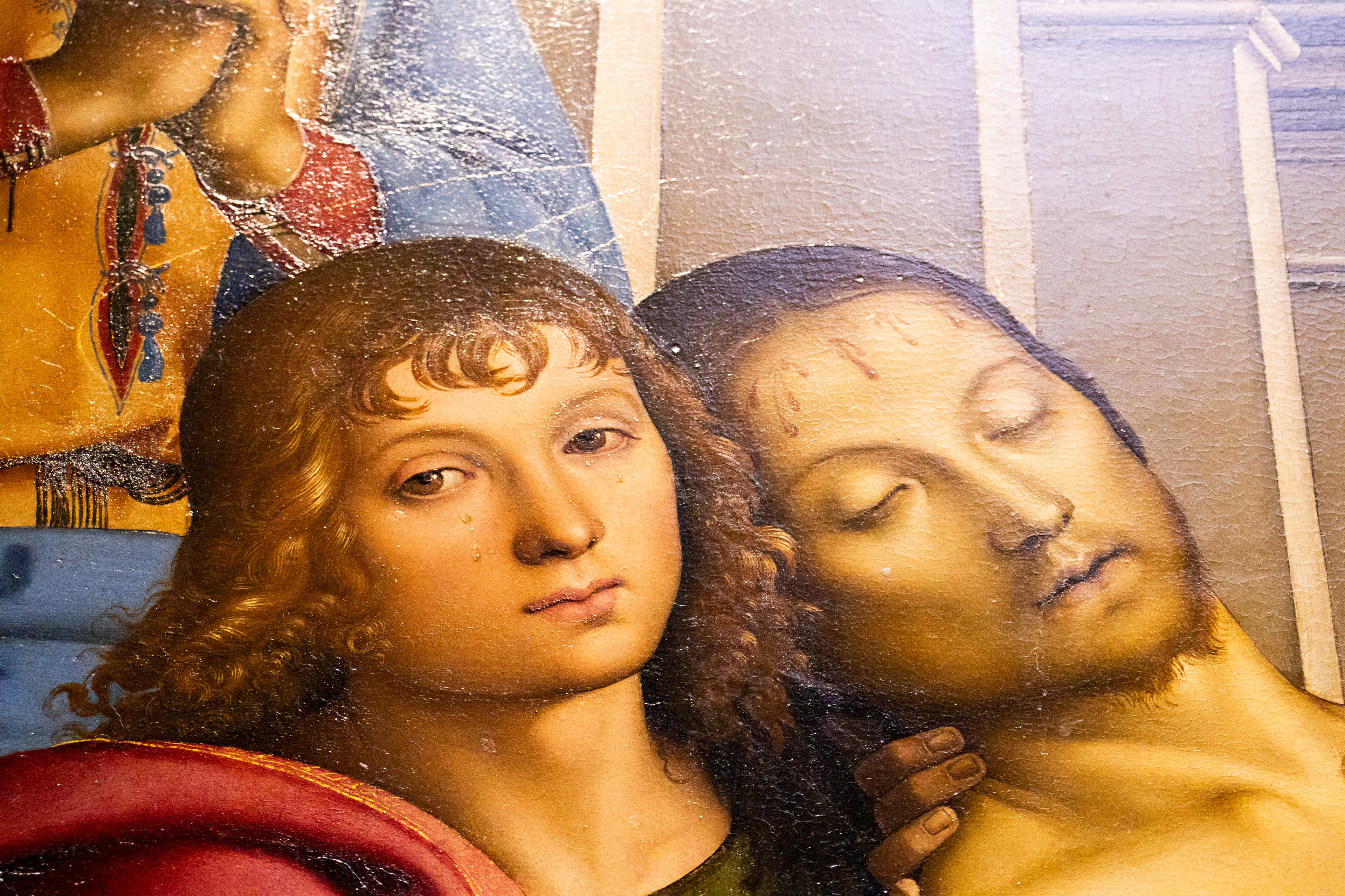 John the Baptist’s tears in the “Pieta” by Pietro Perugino from the Uffizzi Gallery in Florence, Italy on Tuesday, May 27, 2025. 