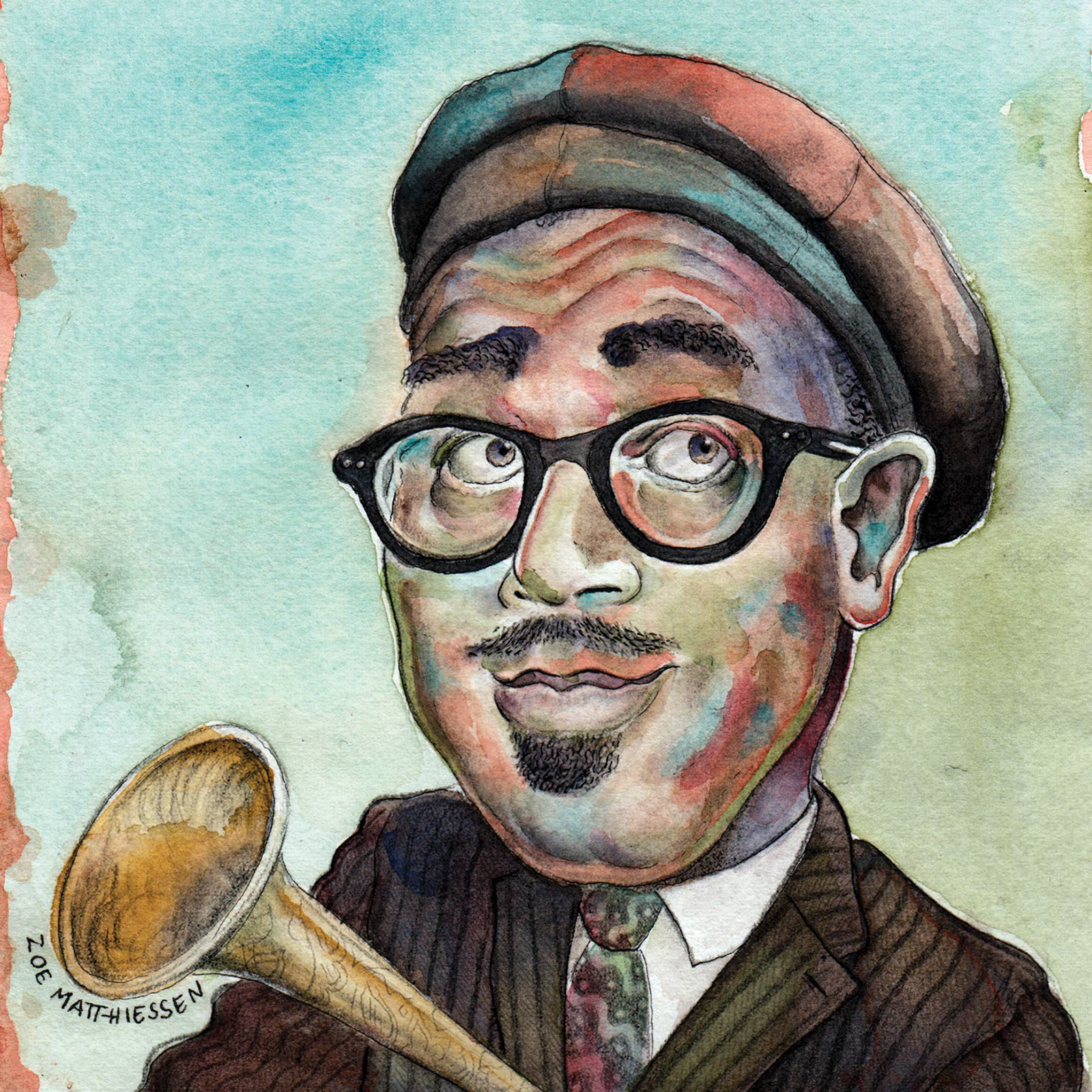 People, Dizzy Gillespie, pen and ink, watercolor, portraits, caricatures, Zoe Matthiessen