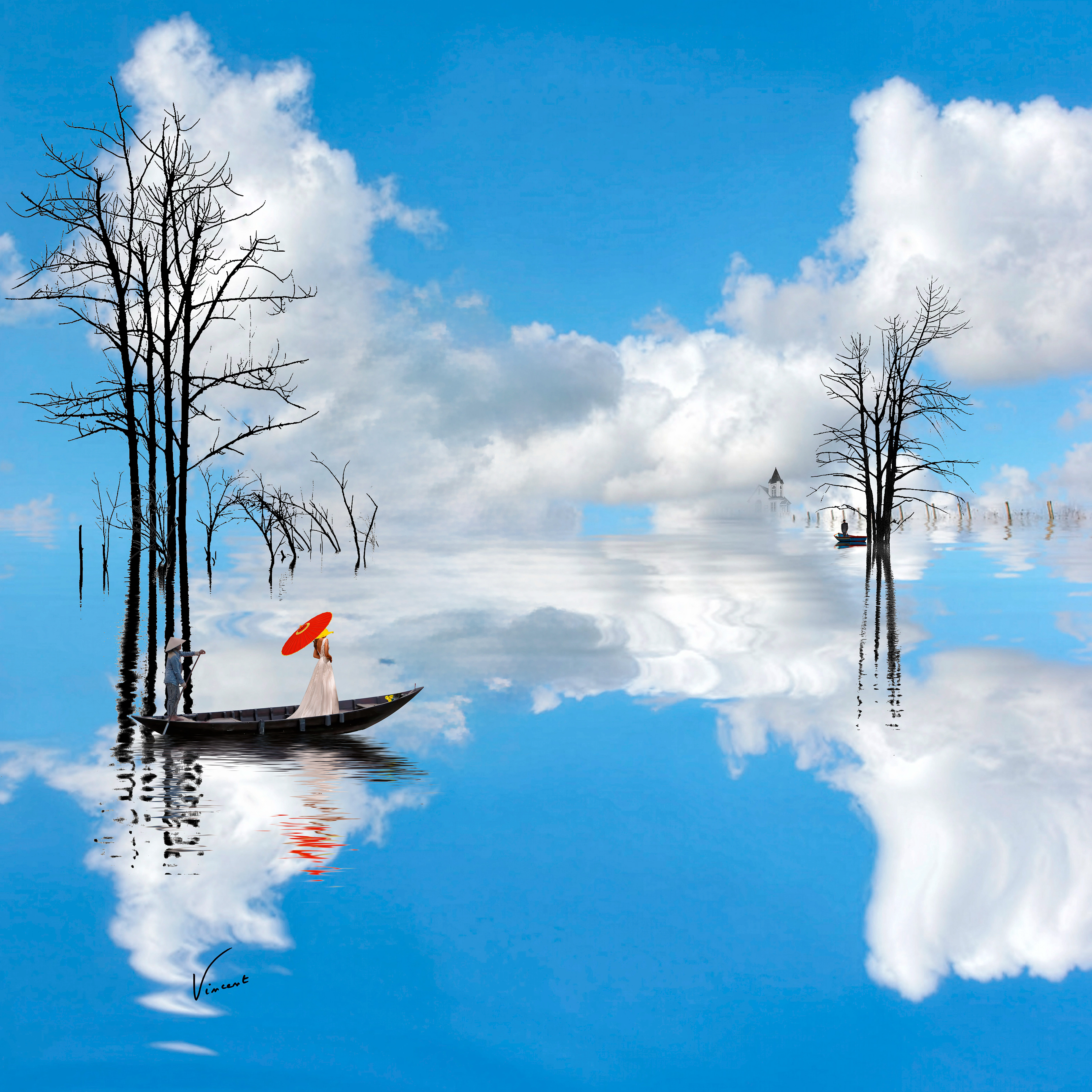 356 Le reflet d’une promesse. ----> La mariée va rejoindre son futur mari dans l’église au bord du lac.