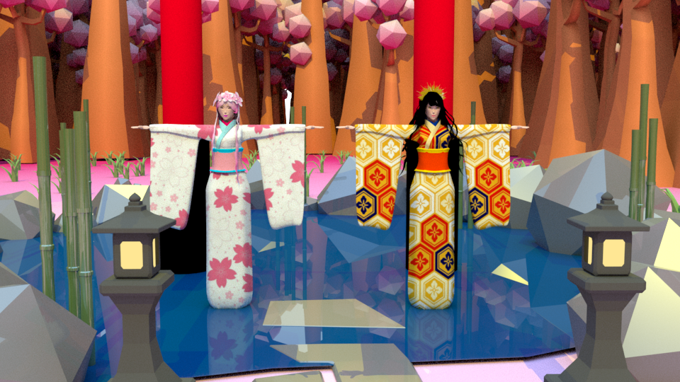 Konohanasakuya-hime and Amaterasu, May 2020. Autodesk Maya.
