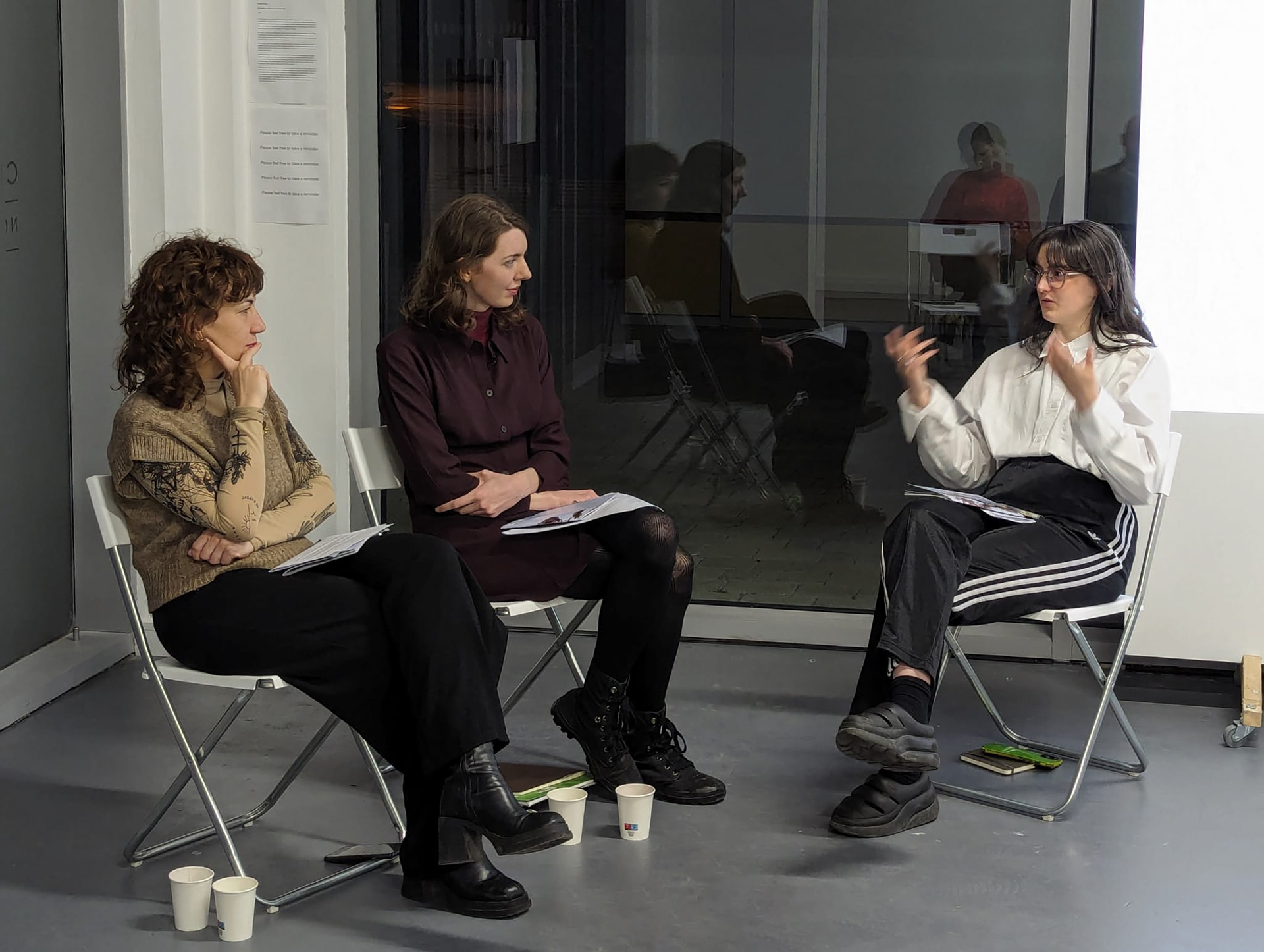 Launch of Conversations with Artists at Clancy Quay Studios. Speakers (left to right): Denitsa Milusheva, Jessica Daly, Sara Muthi.