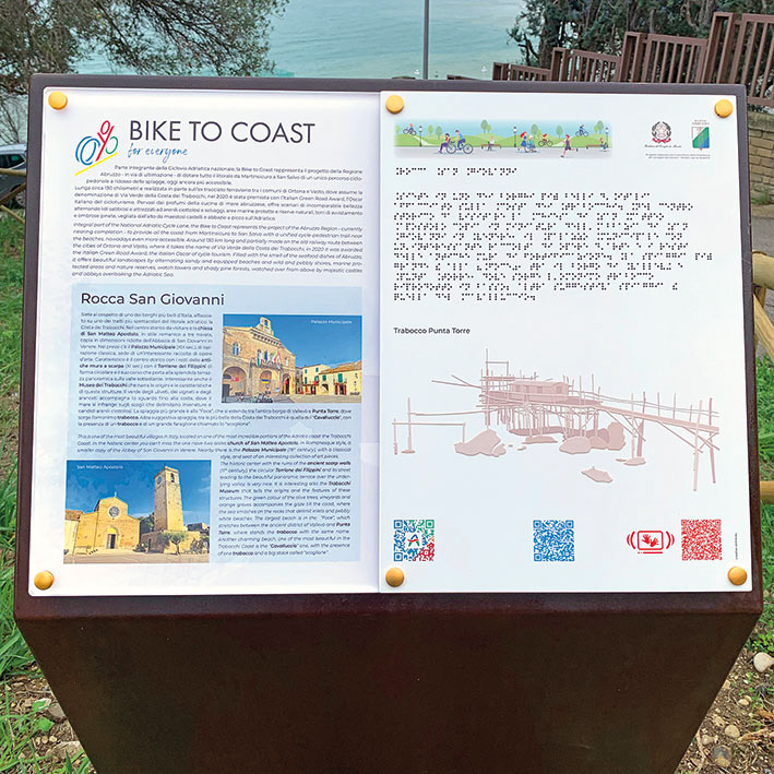 Tabella turistica in Acciaio Corten, Plexiglas e Braille - Bike to Coast Regione Abruzzo