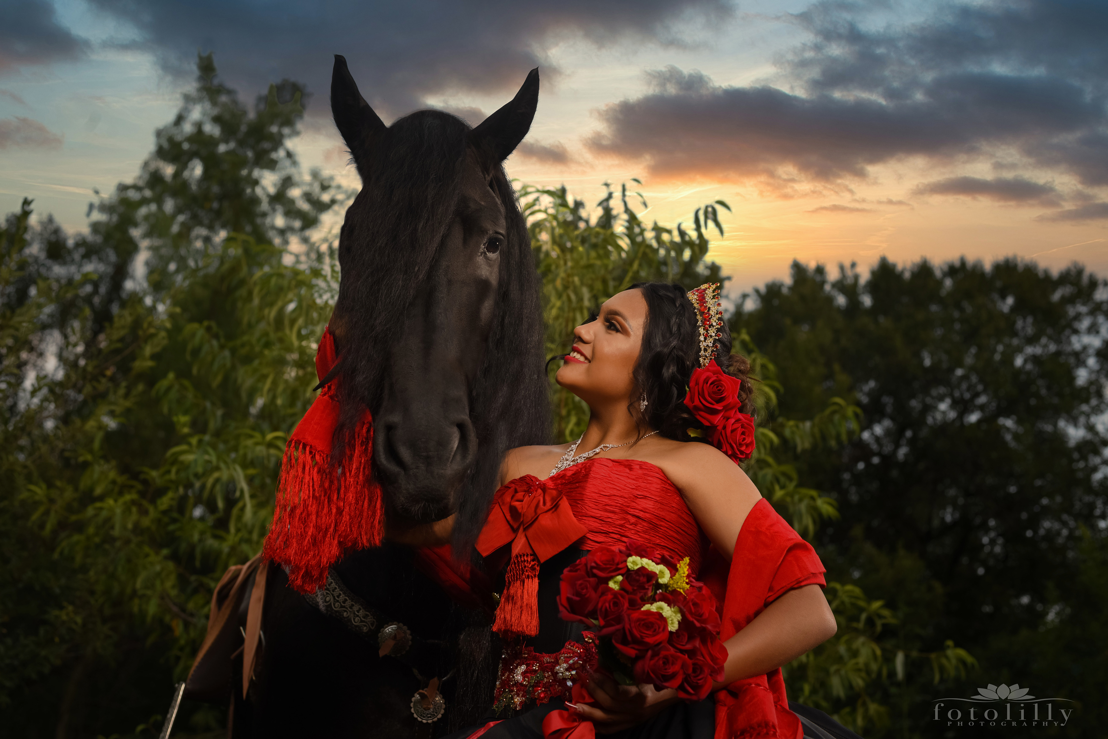 A Quinceañera's Elegance: Red and Black Authentic Mexican style dress , and the Noble Horse Photoshoot