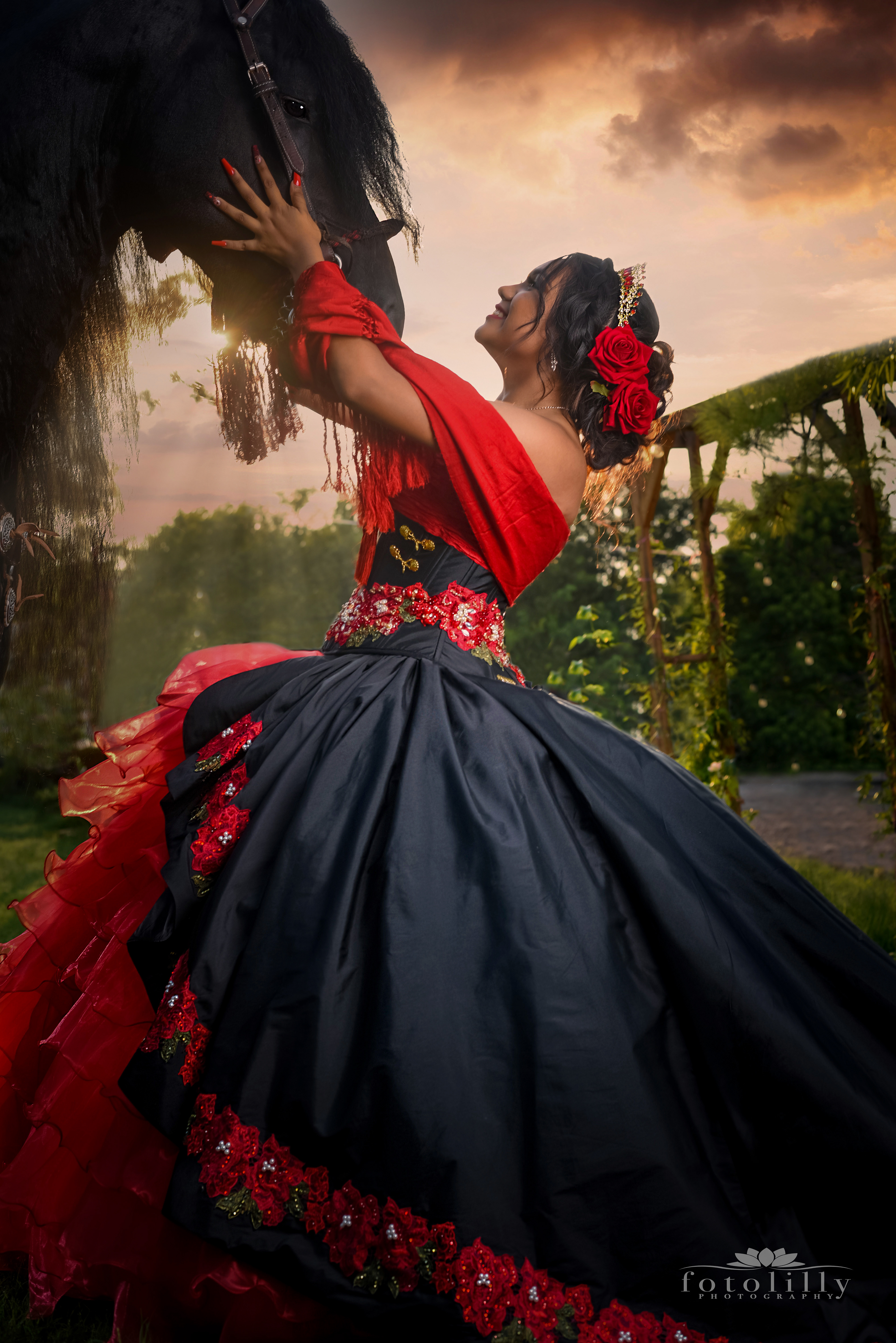 A Quinceañera's Elegance: Red and Black Authentic Mexican style dress , and the Noble Horse Photoshoot
