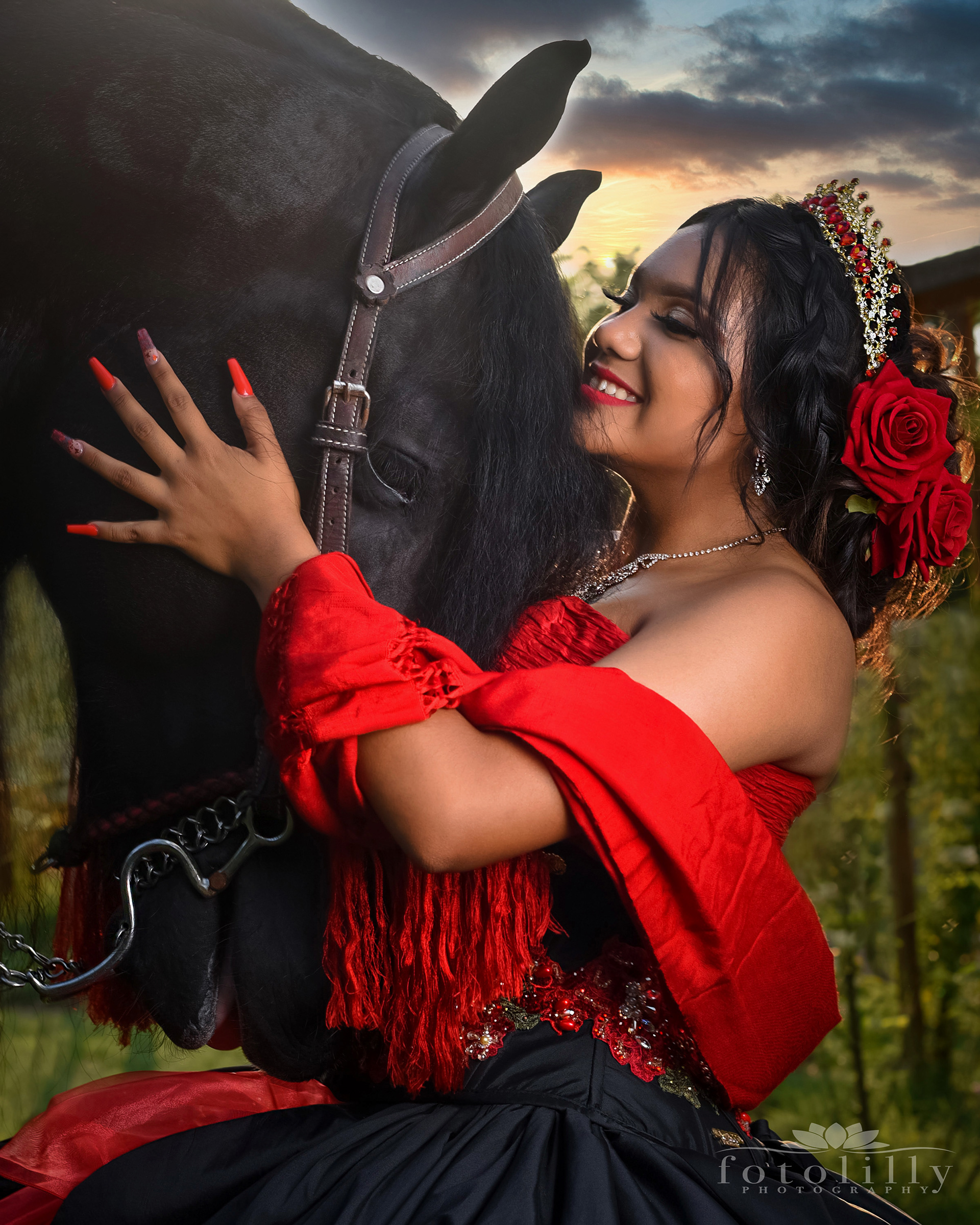 A Quinceañera's Elegance: Red and Black Authentic Mexican style dress , and the Noble Horse Photoshoot