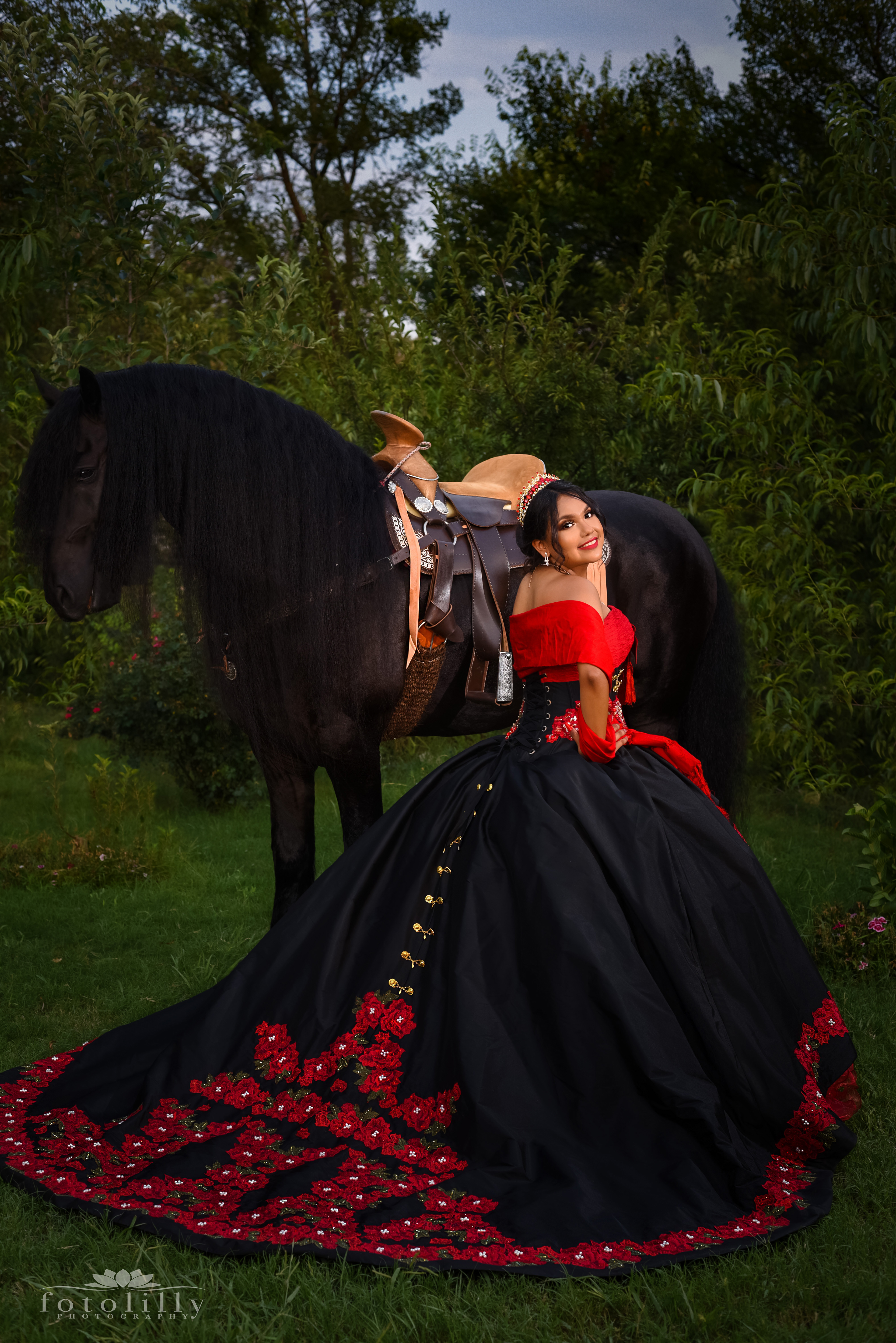 A Quinceañera's Elegance: Red and Black Authentic Mexican style dress , and the Noble Horse Photoshoot