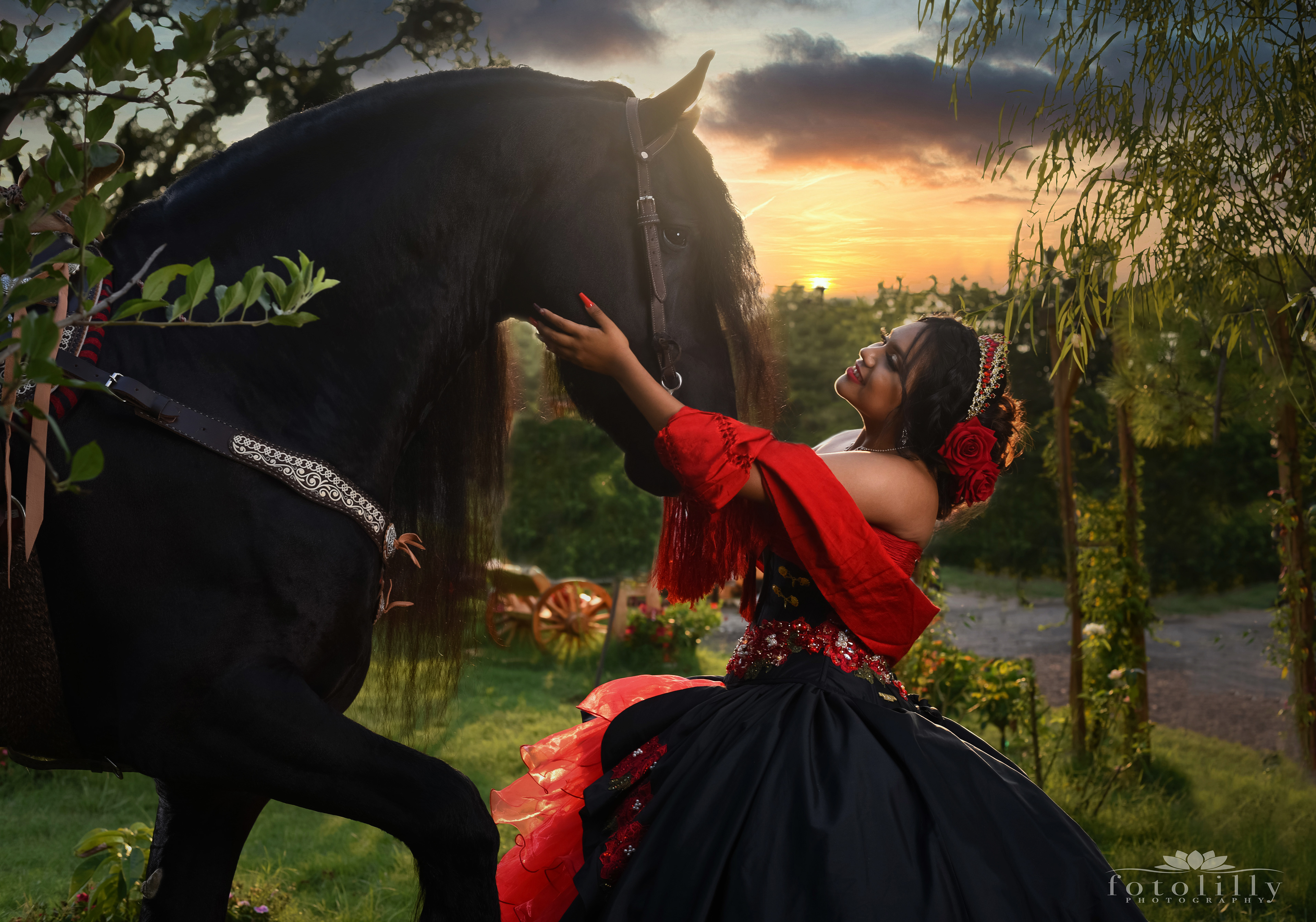 A Quinceañera's Elegance: Red and Black Authentic Mexican style dress , and the Noble Horse Photoshoot