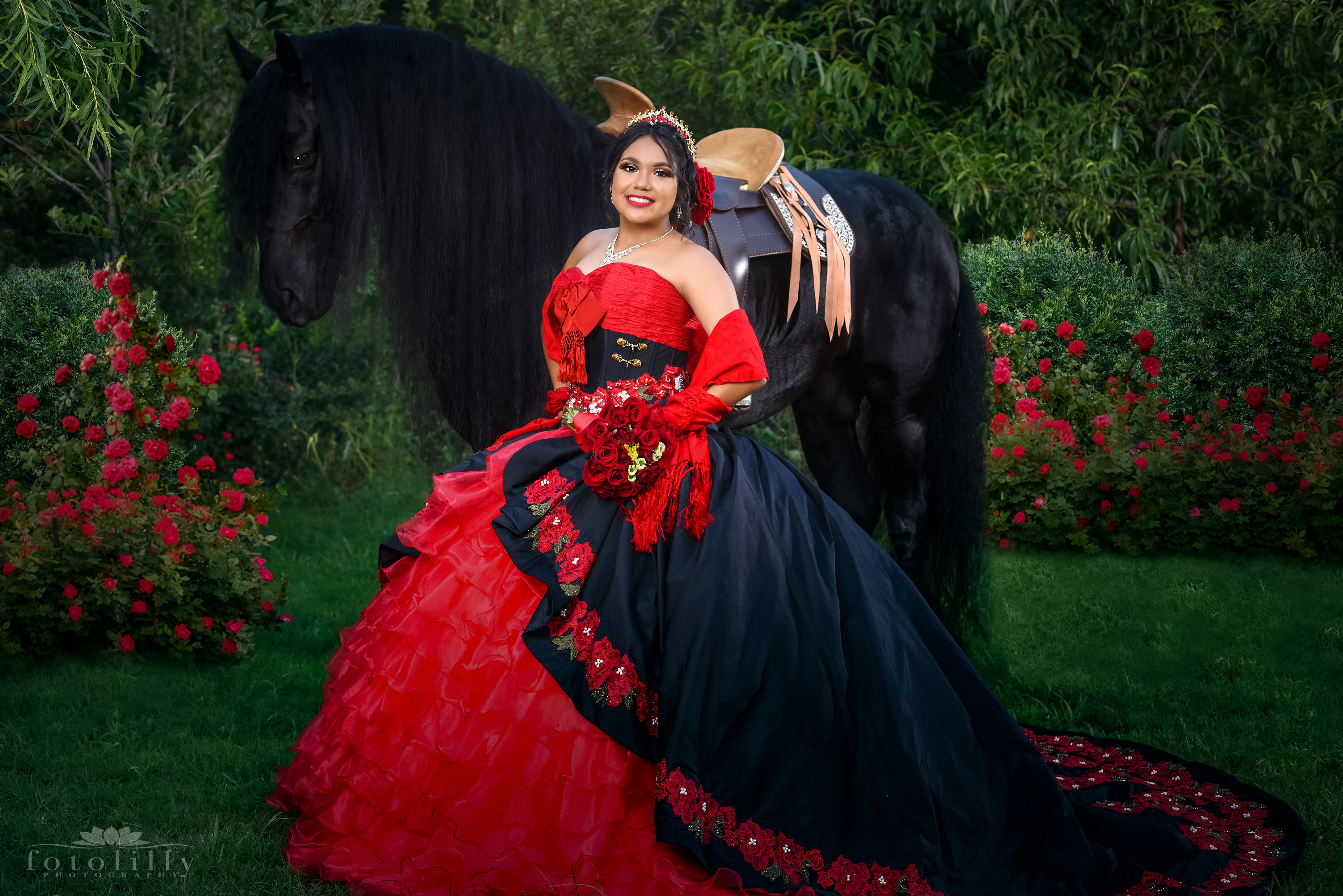 A Quinceañera's Elegance: Red and Black Authentic Mexican style dress , and the Noble Horse Photoshoot