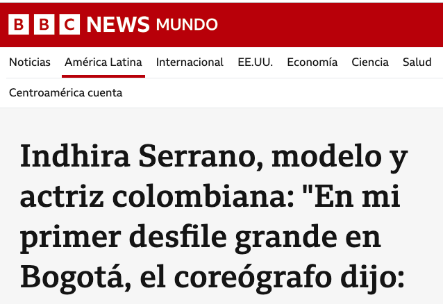 Captura de pantalla del titular de la entrevista a Indhira Serrano en BBC Mundo