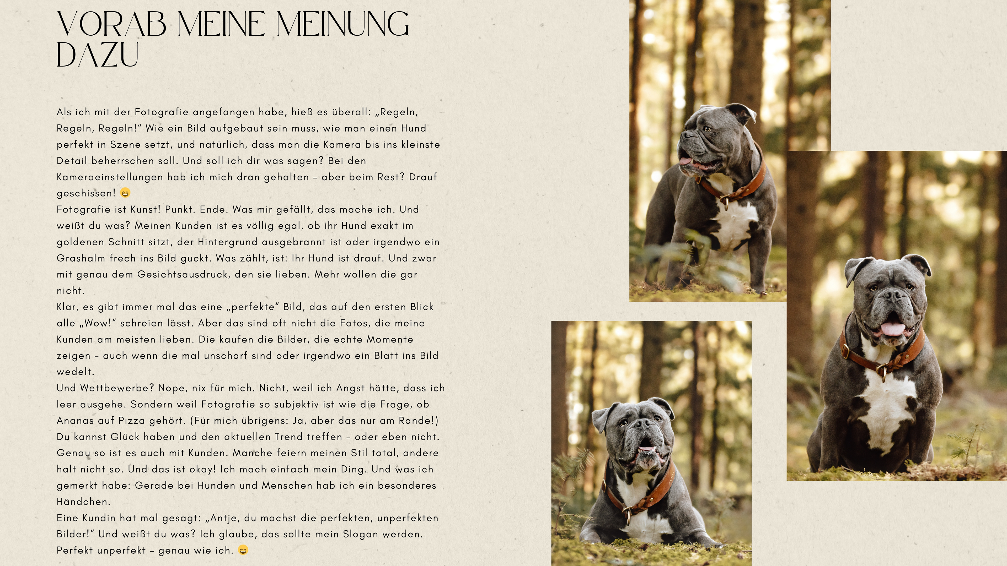 ich mit der Fotografie angefangen habe, hieß es überall: „Regeln, Regeln, Regeln!“ Wie ein Bild aufgebaut sein muss, wie man einen Hund perfekt in Szene setzt, und natürlich, dass man die Kamera bis ins kleinste Detail beherrschen soll. Und soll ich dir was sagen? Bei den Kameraeinstellungen hab ich mich dran gehalten – aber beim Rest? Drauf geschissen! 😄 Fotografie ist Kunst! Punkt. Ende. Was mir gefällt, das mache ich. Und weißt du was? Meinen Kunden ist es völlig egal, ob ihr Hund exakt im goldenen Schnitt sitzt, der Hintergrund ausgebrannt ist oder irgendwo ein Grashalm frech ins Bild guckt. Was zählt, ist: Ihr Hund ist drauf. Und zwar mit genau dem Gesichtsausdruck, den sie lieben. Mehr wollen die gar nicht. Klar, es gibt immer mal das eine „perfekte“ Bild, das auf den ersten Blick alle „Wow!“ schreien lässt. Aber das sind oft nicht die Fotos, die meine Kunden am meisten lieben. Die kaufen die Bilder, die echte Momente zeigen – auch wenn die mal unscharf sind oder irgendwo ein Blatt ins Bild wedelt. Und Wettbewerbe? Nope, nix für mich. Nicht, weil ich Angst hätte, dass ich leer ausgehe. Sondern weil Fotografie so subjektiv ist wie die Frage, ob Ananas auf Pizza gehört. (Für mich übrigens: Ja, aber das nur am Rande!) Du kannst Glück haben und den aktuellen Trend treffen – oder eben nicht. Genau so ist es auch mit Kunden. Manche feiern meinen Stil total, andere halt nicht so. Und das ist okay! Ich mach einfach mein Ding. Und was ich gemerkt habe: Gerade bei Hunden und Menschen hab ich ein besonderes Händchen. Eine Kundin hat mal gesagt: „Antje, du machst die perfekten, unperfekten Bilder!“ Und weißt du was? Ich glaube, das sollte mein Slogan werden. Perfekt unperfekt – genau wie ich. 😄
