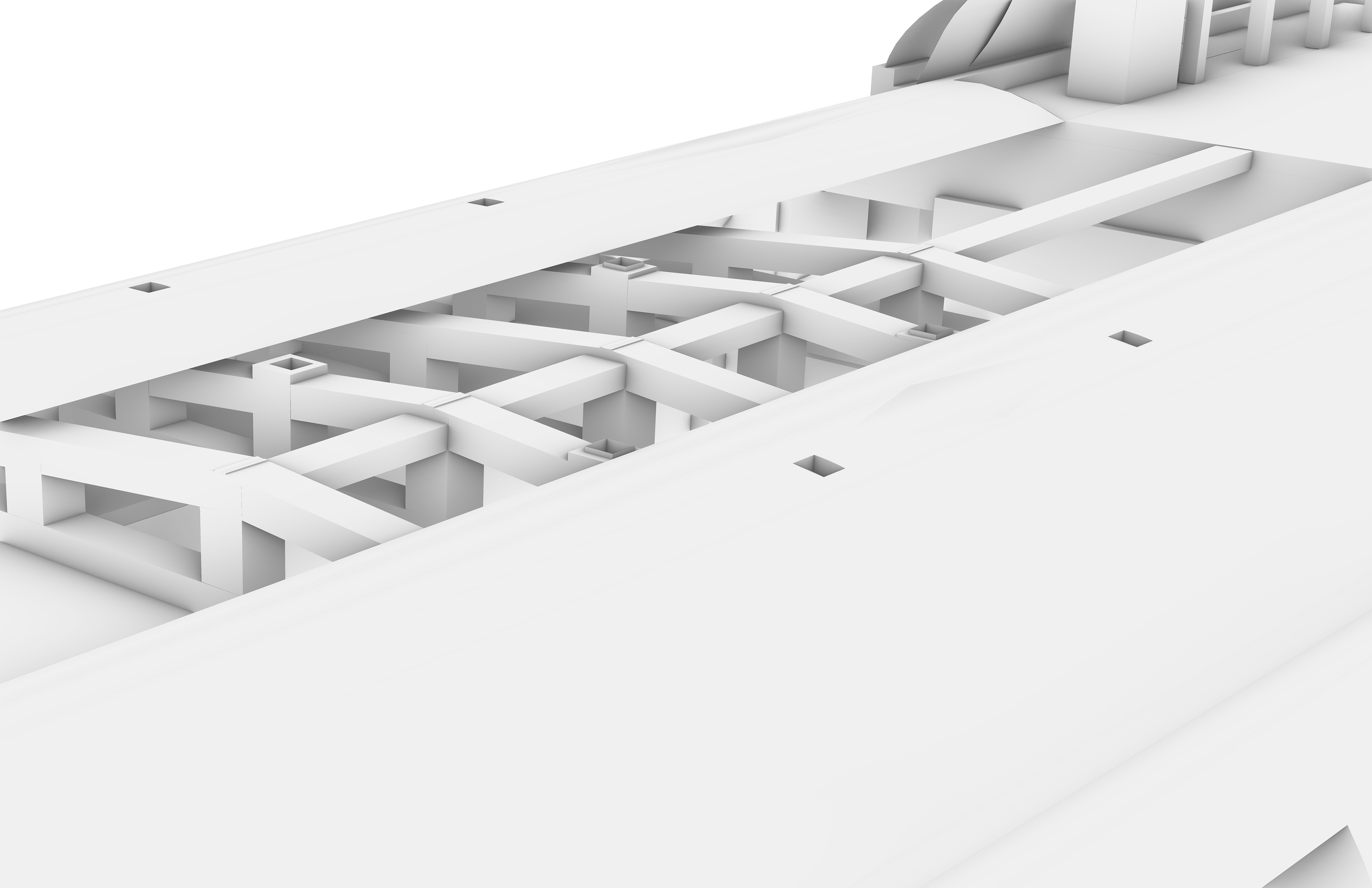 A rendering depicting the truss bracing under the depot's track to counteract the rattle of an above train.