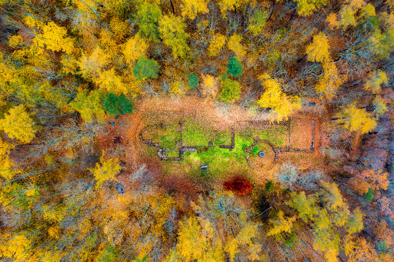 Die Ruinen des Walpurgisklosters oberhalb von Arnstadt, nur aus der Luft als Gebäude zu erkennen