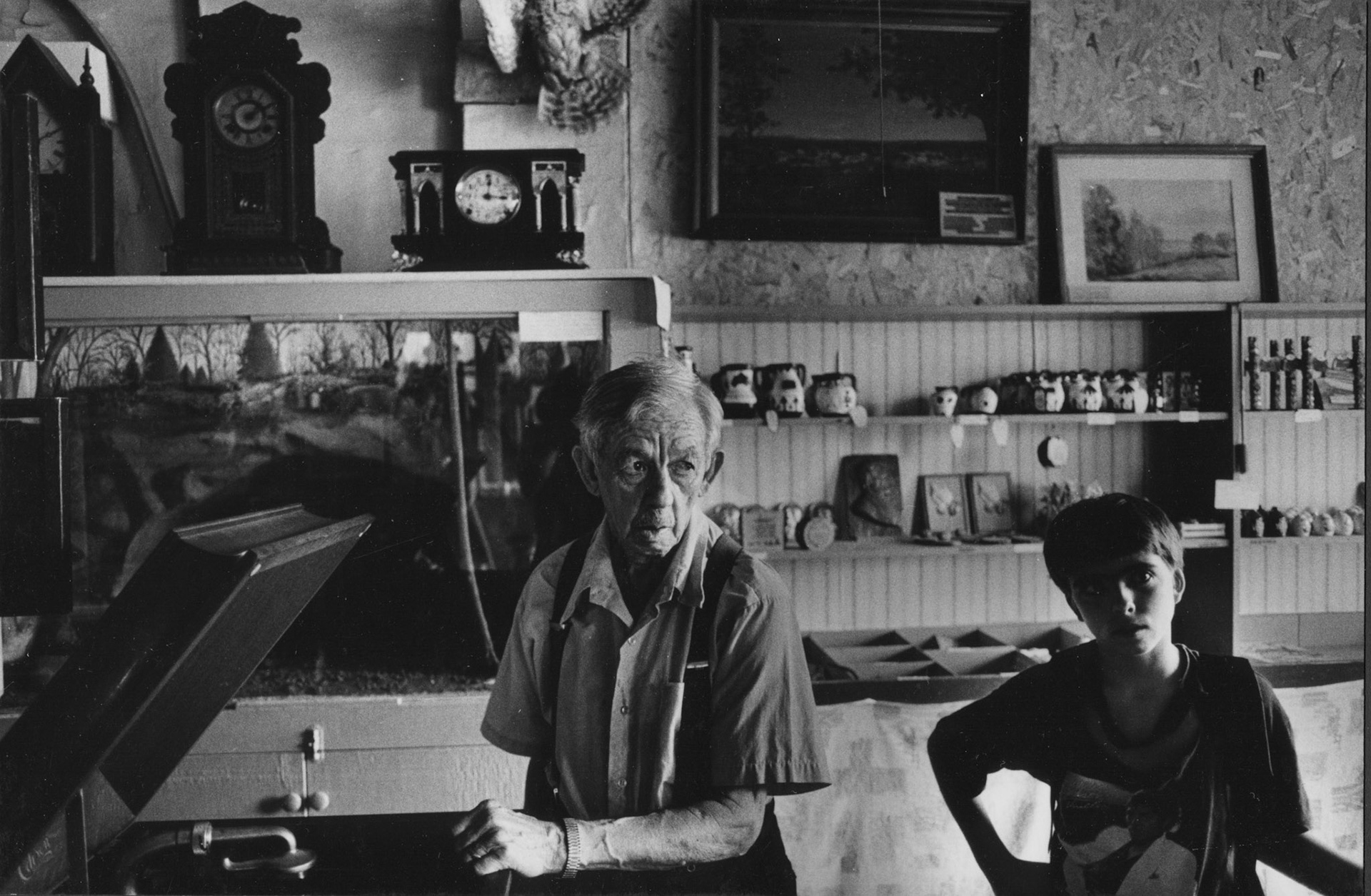Phil Flamm and neighborhood kid, Cobden Museum, Cobden IL c. 1985