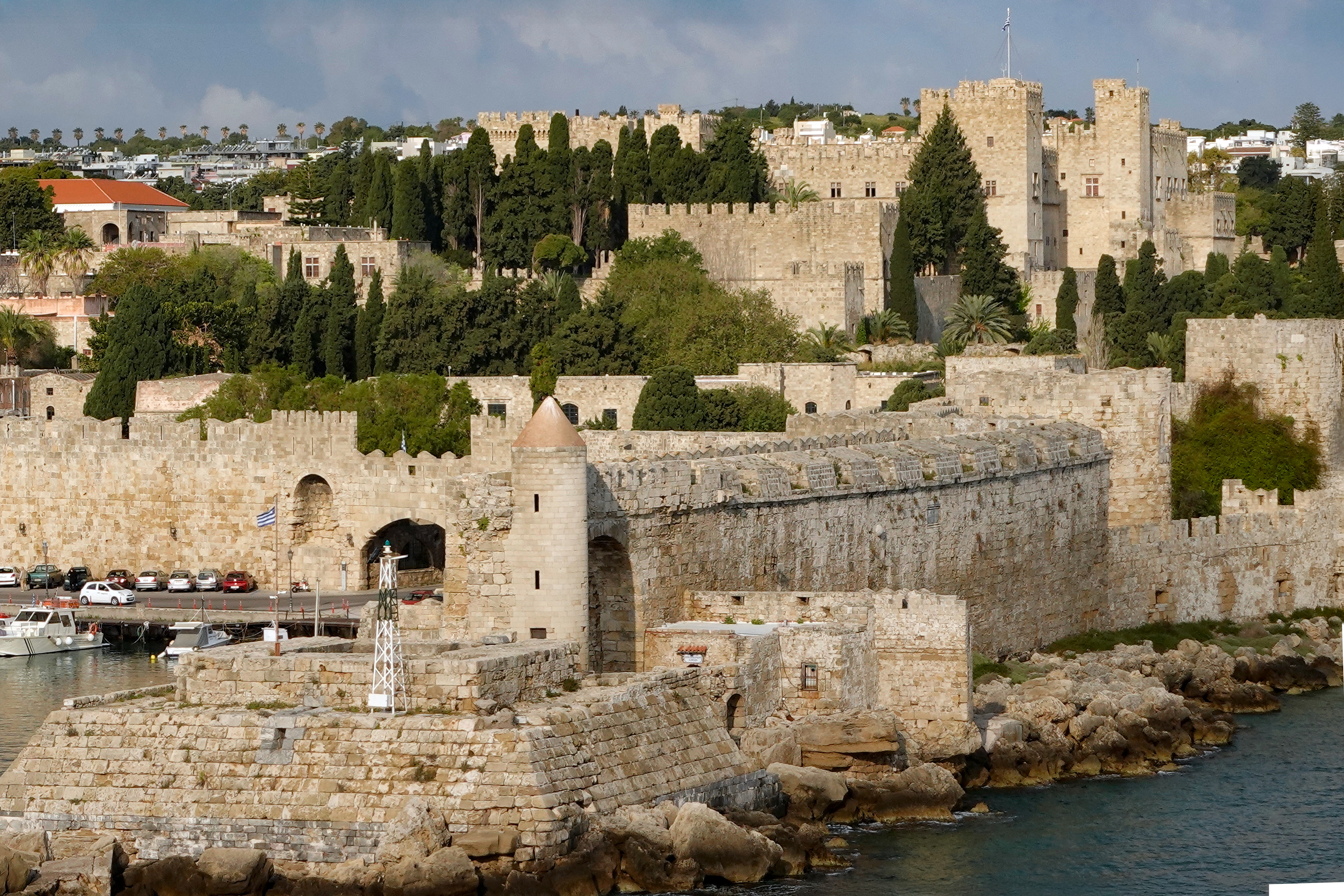 Rhodes ancient city walls were built or added to by the Persians, Greeks, Romans, Byzantines, Crusaders, Sultans, and the Ottomans.