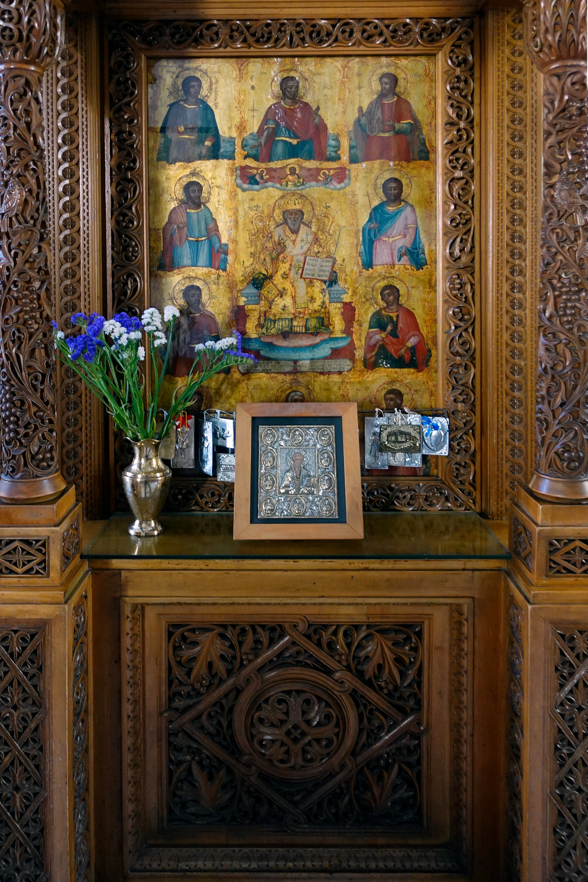 The Greek Orthodox churches contain many decorative shrines and icons.