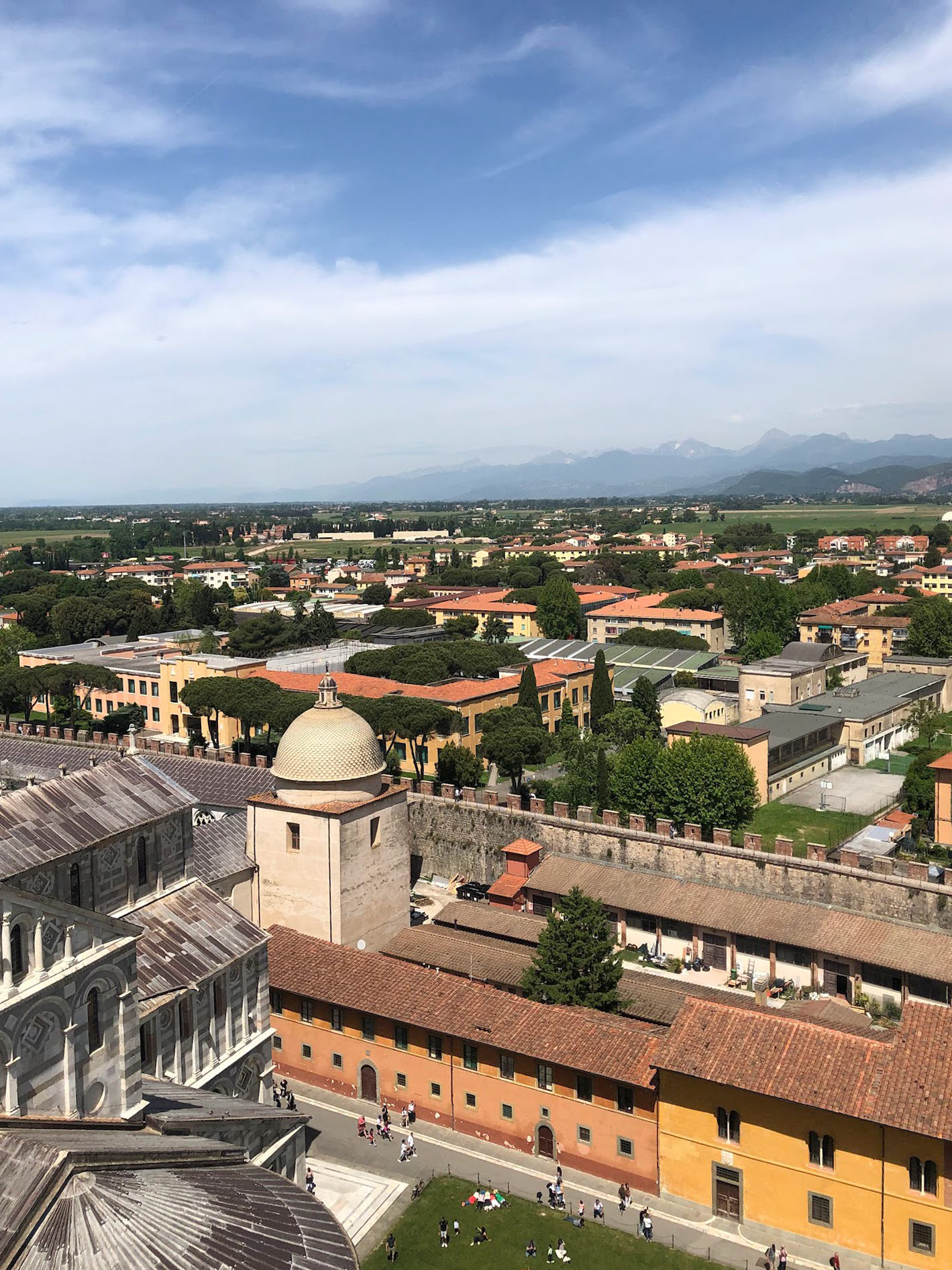 A view from the Tower of Pisa viewing north to the snow-covered Apinnines.