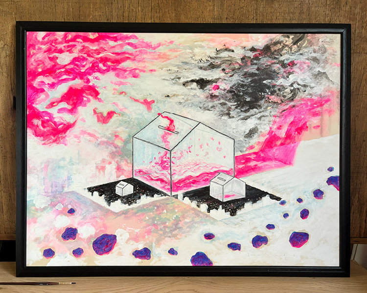 Trois maisons - 80x60 - Feutre et acrylique - 320 €