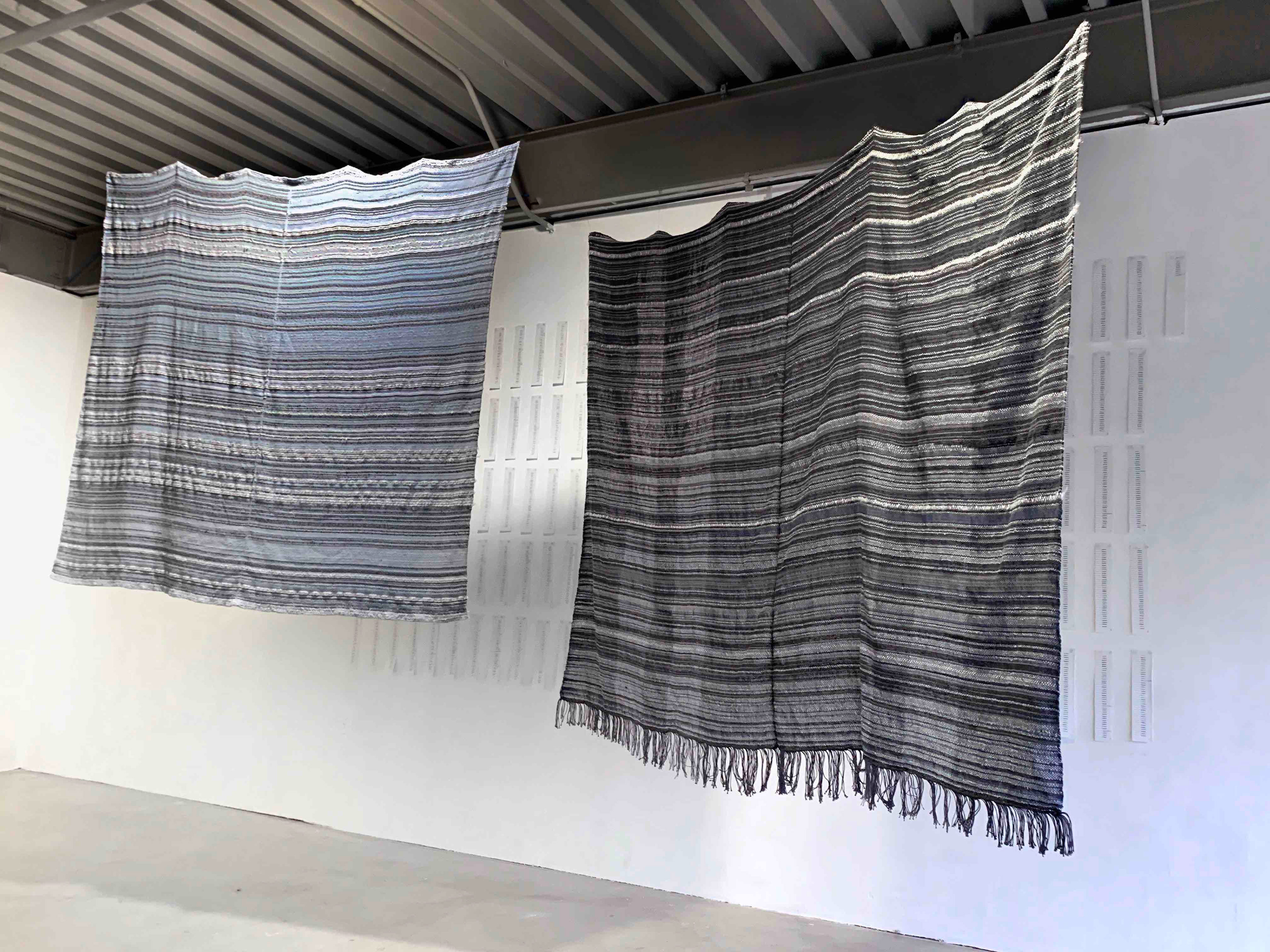 Conversations with Jess Left: September 2011 - February 2015 2021, Cotton, Acrylic, 58” x 54”  Right: January 2022 - March 2022 2022, Cotton, Acrylic, 58” x 54”