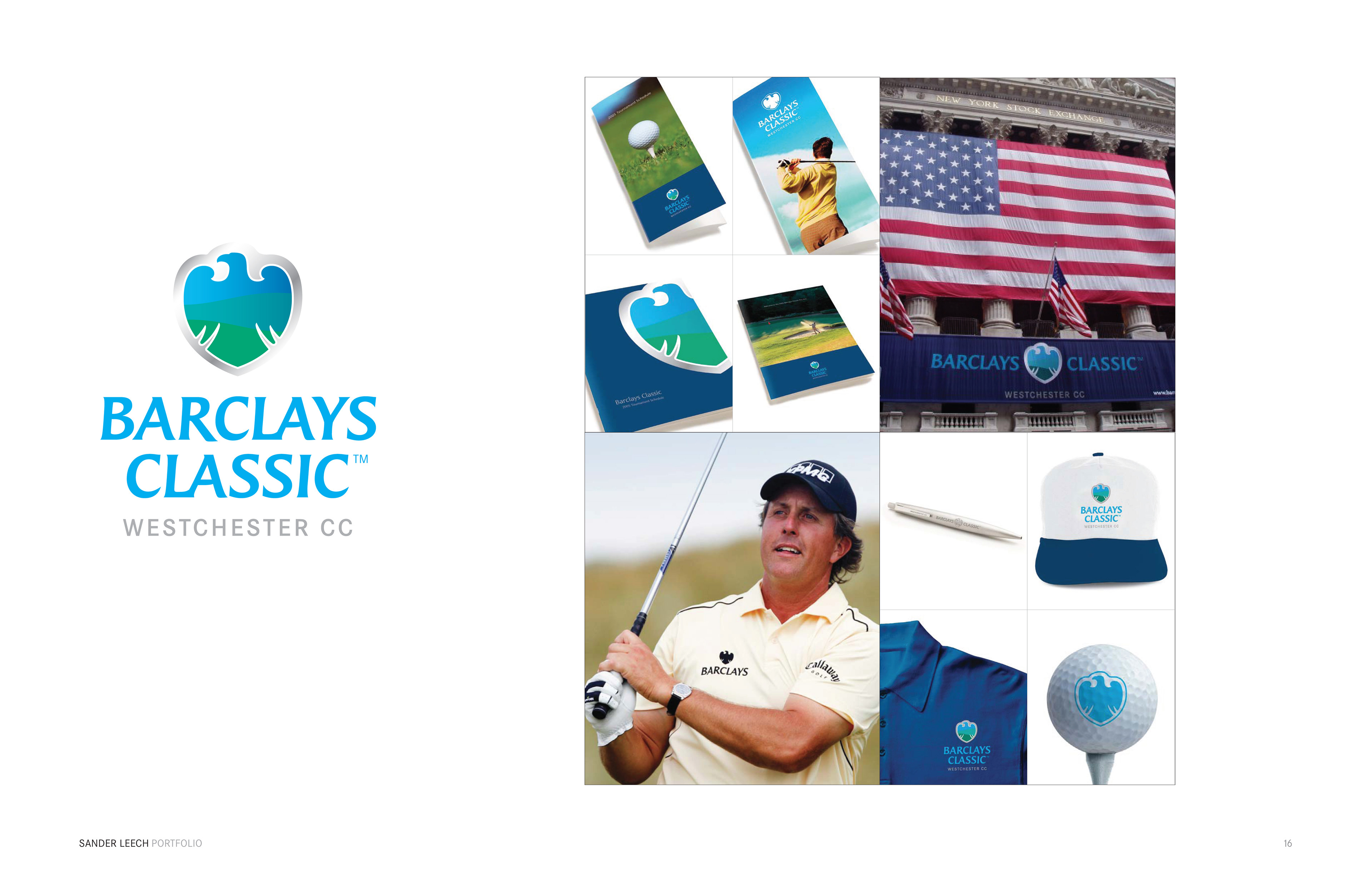 Barclays Classic logo for Westchester CC beside branded tournament items: programs, a cap, a polo, a golf ball and a pro golfer mid-swing
