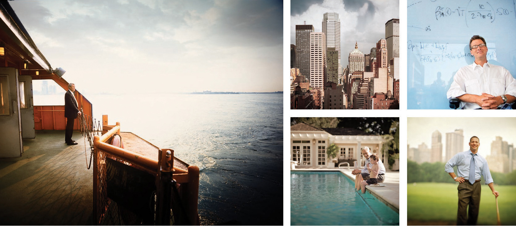 Photos from the Barclays Global Investors library: a businessman on a ferry deck, San Francisco towers, and investors at work and at home