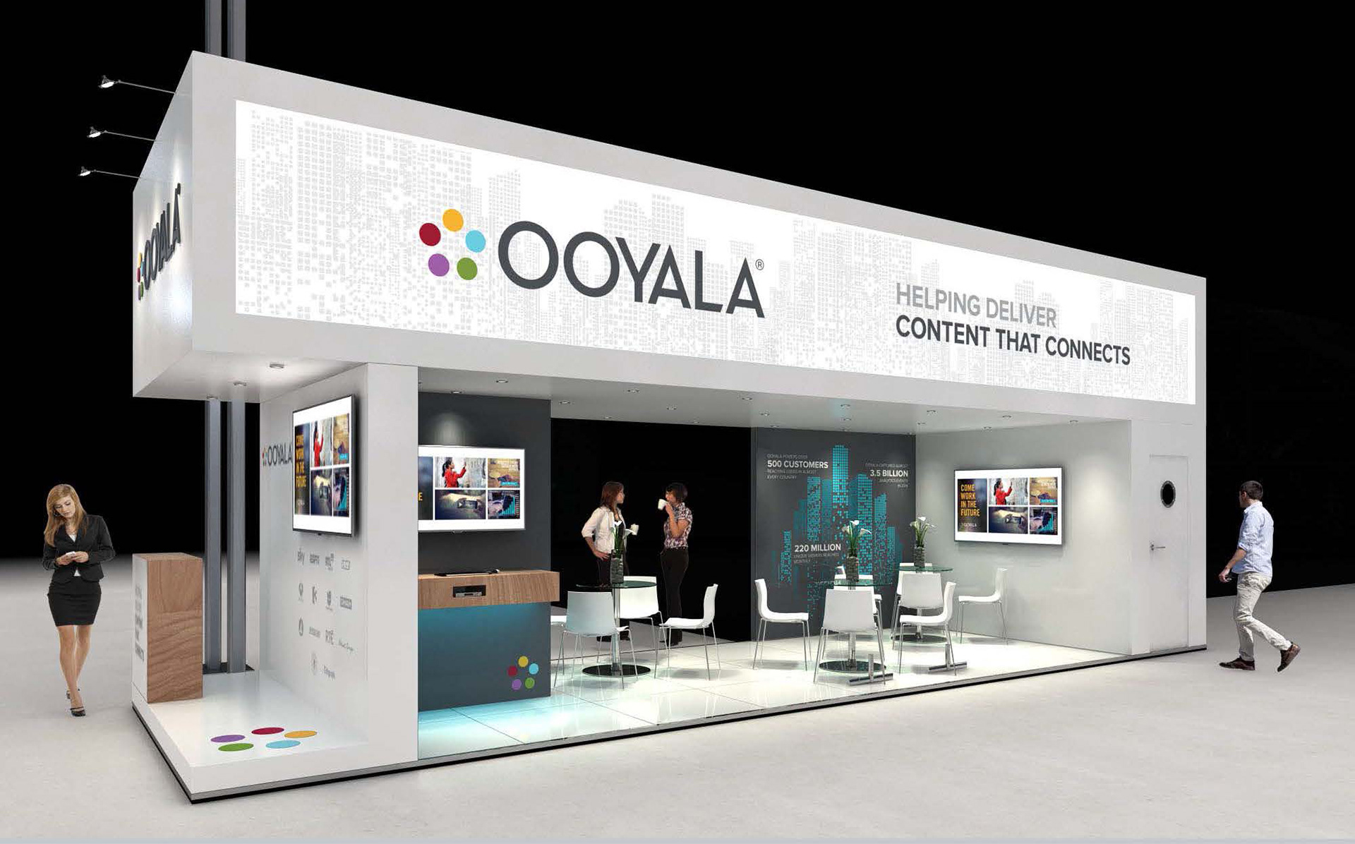 Rendering of the Ooyala booth at IBC Amsterdam, a white stand with an overhead sign reading Helping deliver content that connects