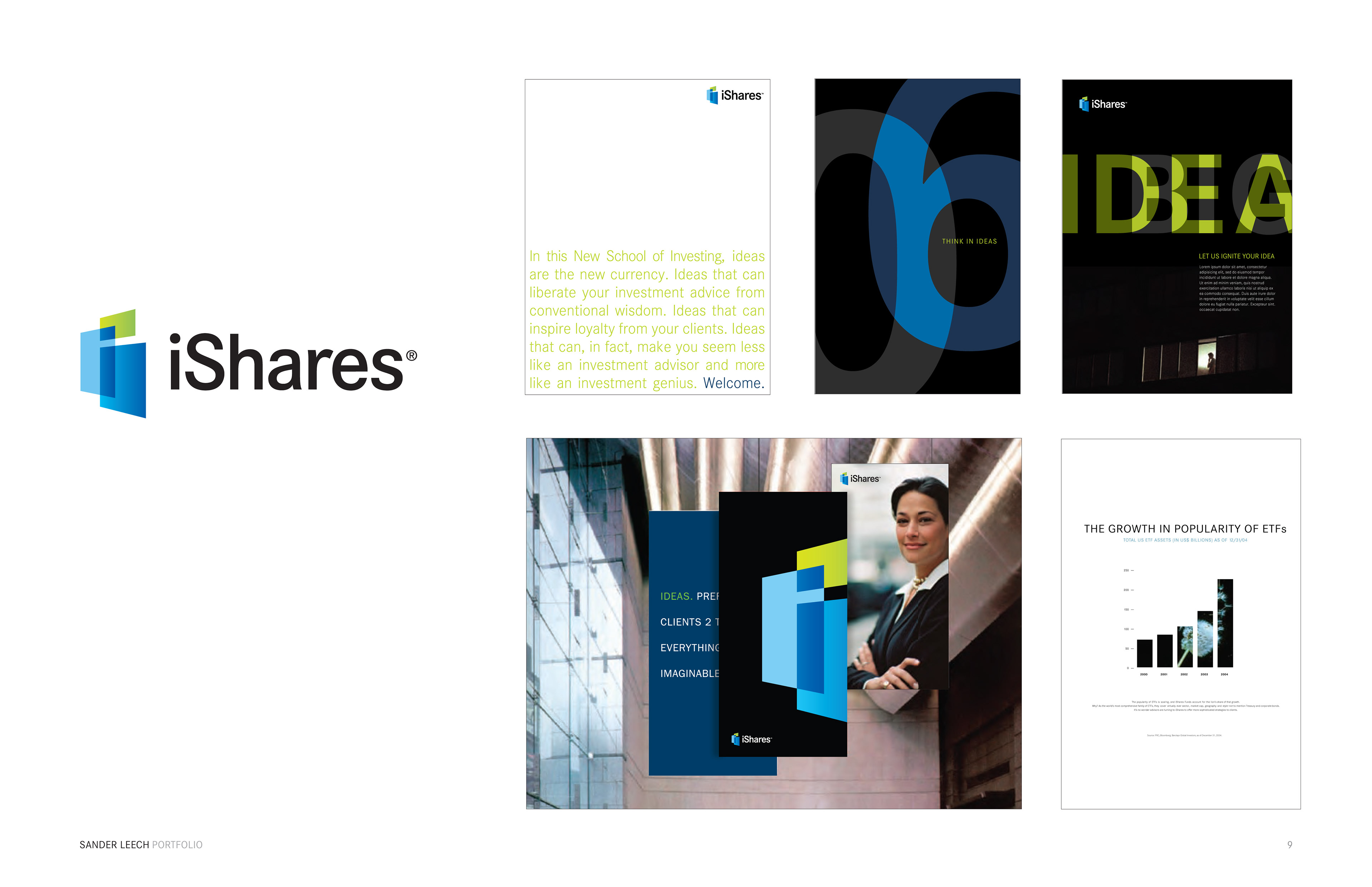 iShares logo beside examples of the refreshed identity on brochures, report covers and ads in blue, green and black