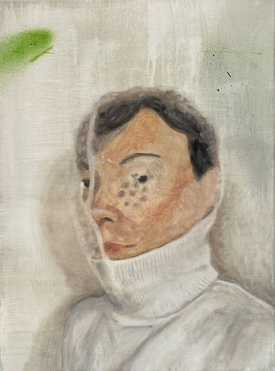 Emotional PPE, 2025, 2025	oil, acrylic, spray paint on canvas, 16 x 12 in