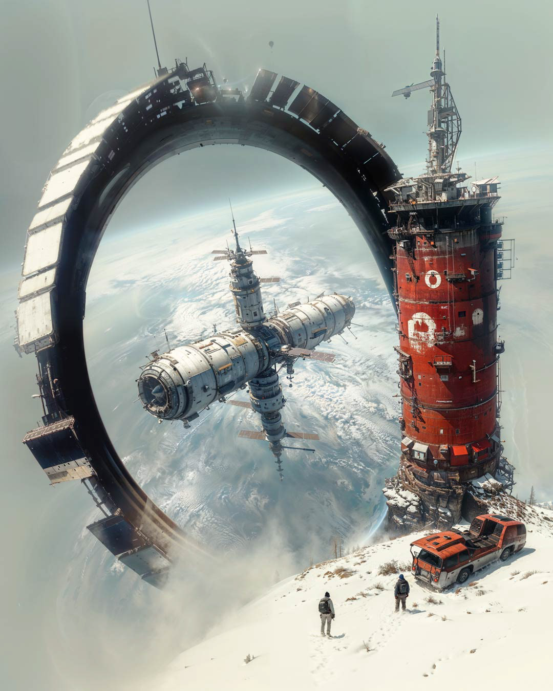 Photographic illustration with influences of solarpunk - a Sci-Fi scene with a spacestation