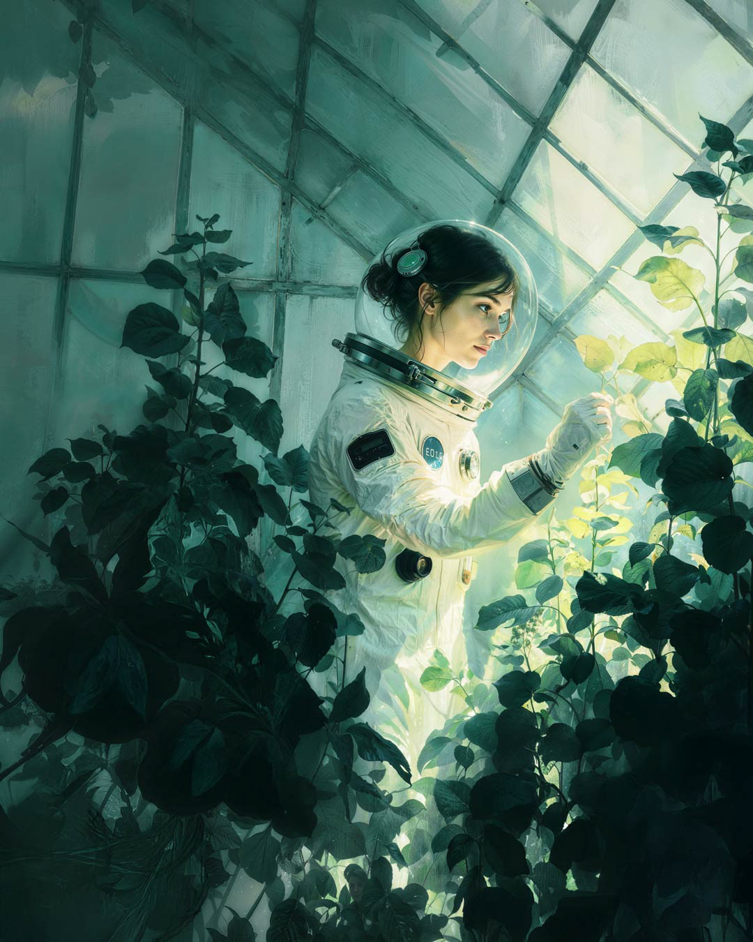 Photographic illustration with influences of solarpunk - a Sci-Fi scene with a female wearing an astronaut suite in a Greenhouse