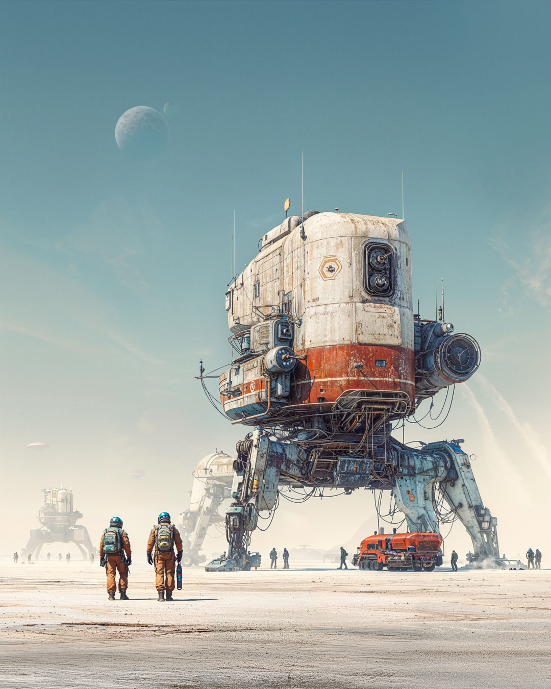 Photographic illustration with influences of solarpunk - a Sci-Fi scene with 2 astronauts walking towards there next mission