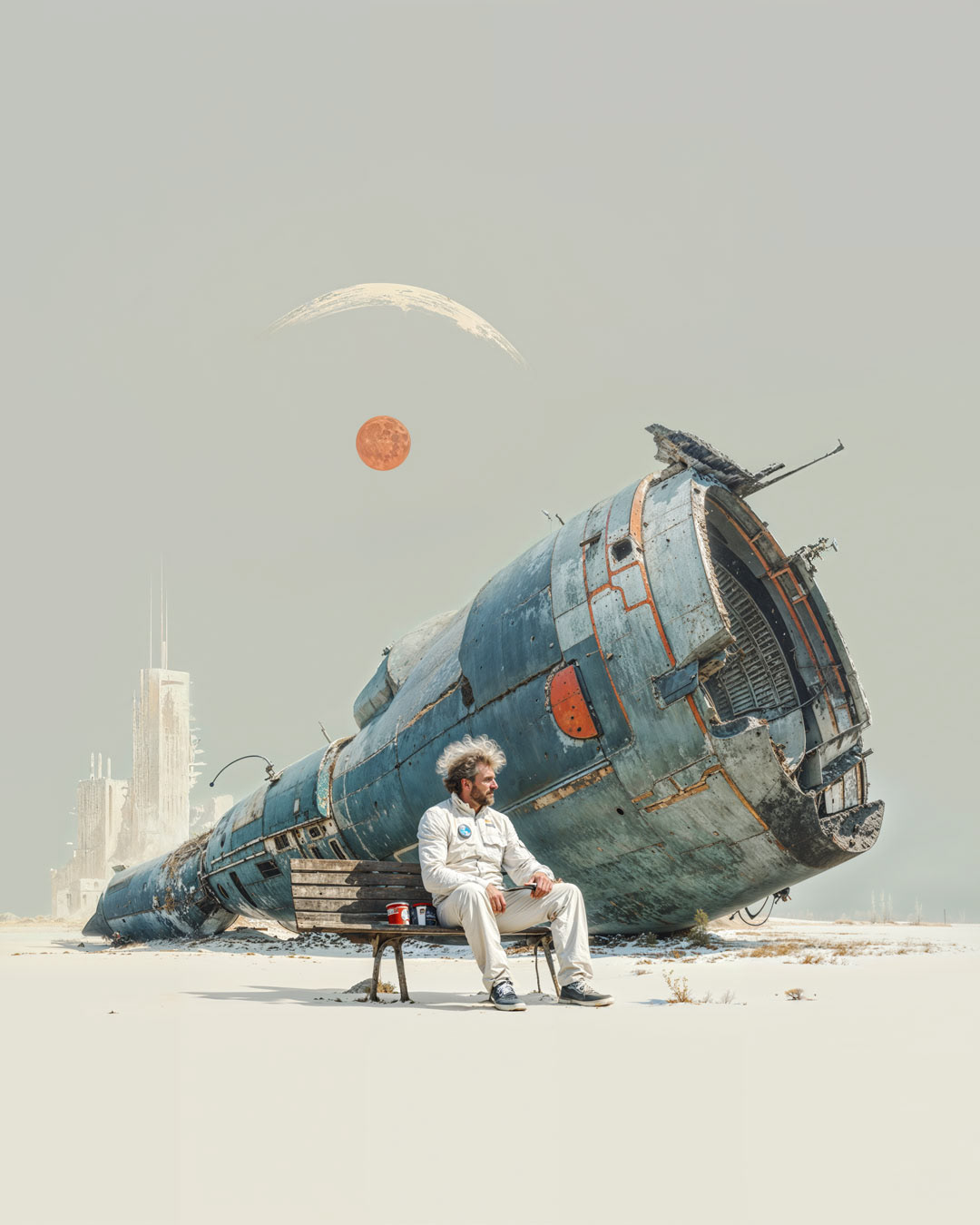 Photographic illustration with influences of solarpunk - a Sci-Fi scene with a man stranded on a distant planet
