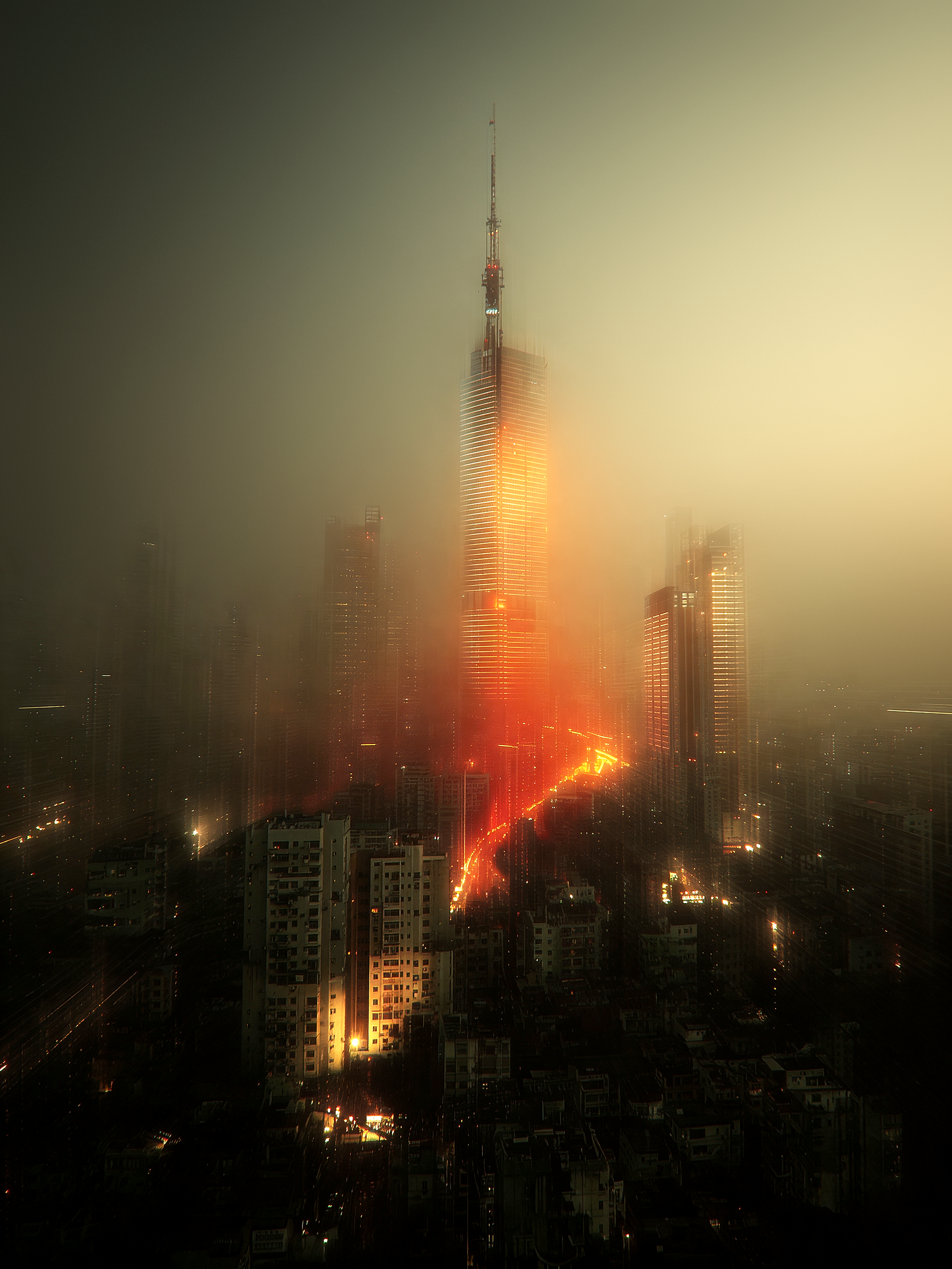 A foggy cityscape at dusk with towering skyscrapers blurred by mist, red neon lights streaking from traffic on an elevated highway below, high contrast orange glow against gray haze