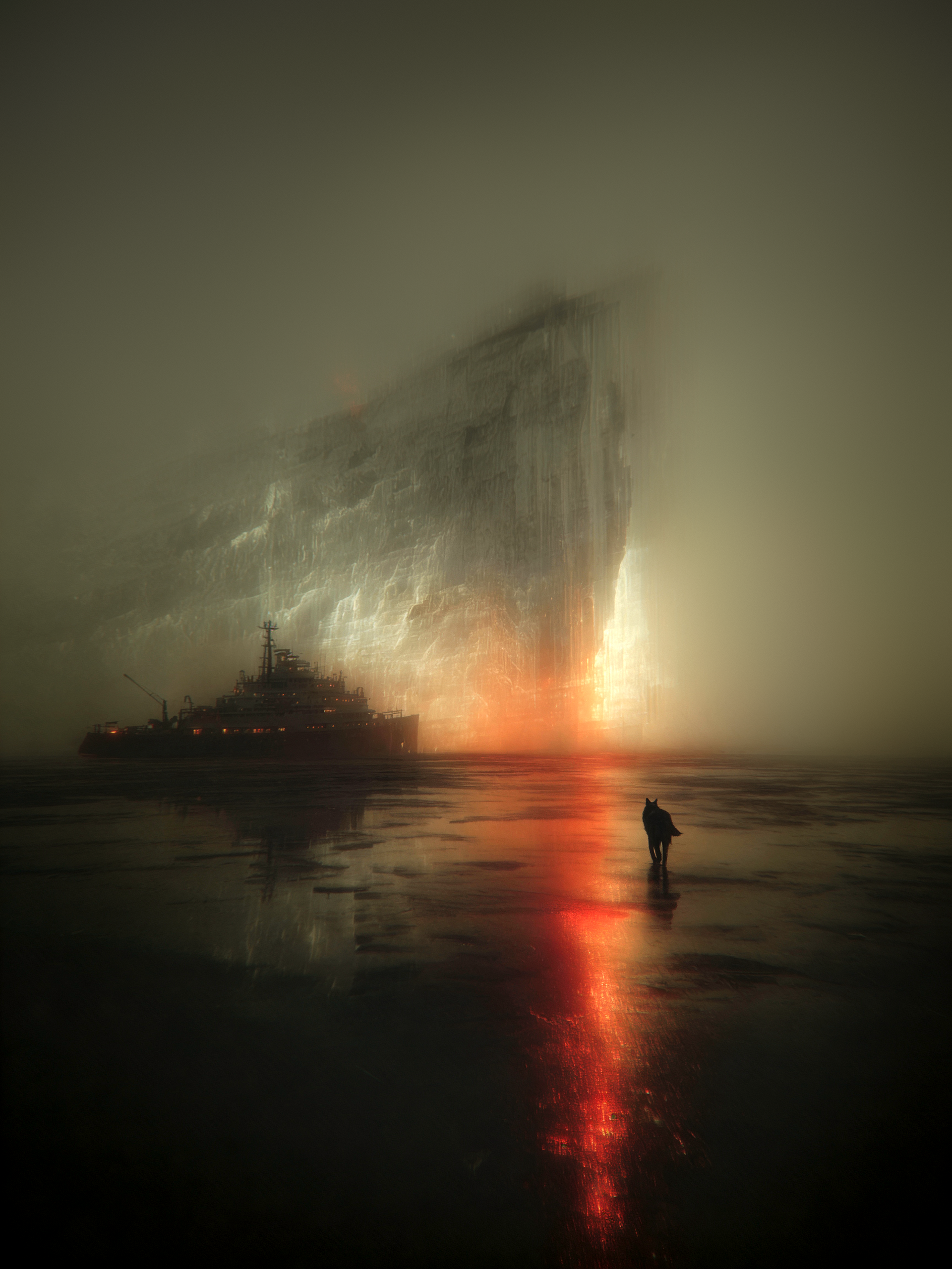 Lone wolf curiously scavenging across frozen ice toward a distant shipwreck, subtle glitch distortion in misty horizon, inquisitive posture in cold landscape