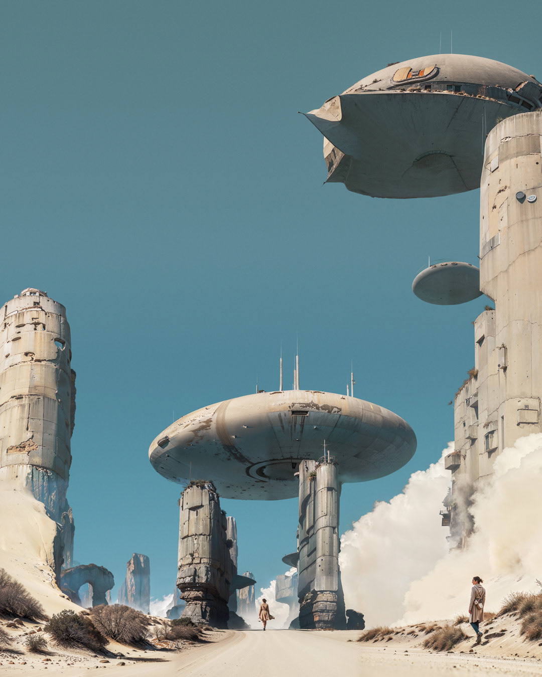 Photographic illustration with influences of solarpunk - a Sci-Fi scene where 2 ladies having a sunday stroll admits a desert landscape