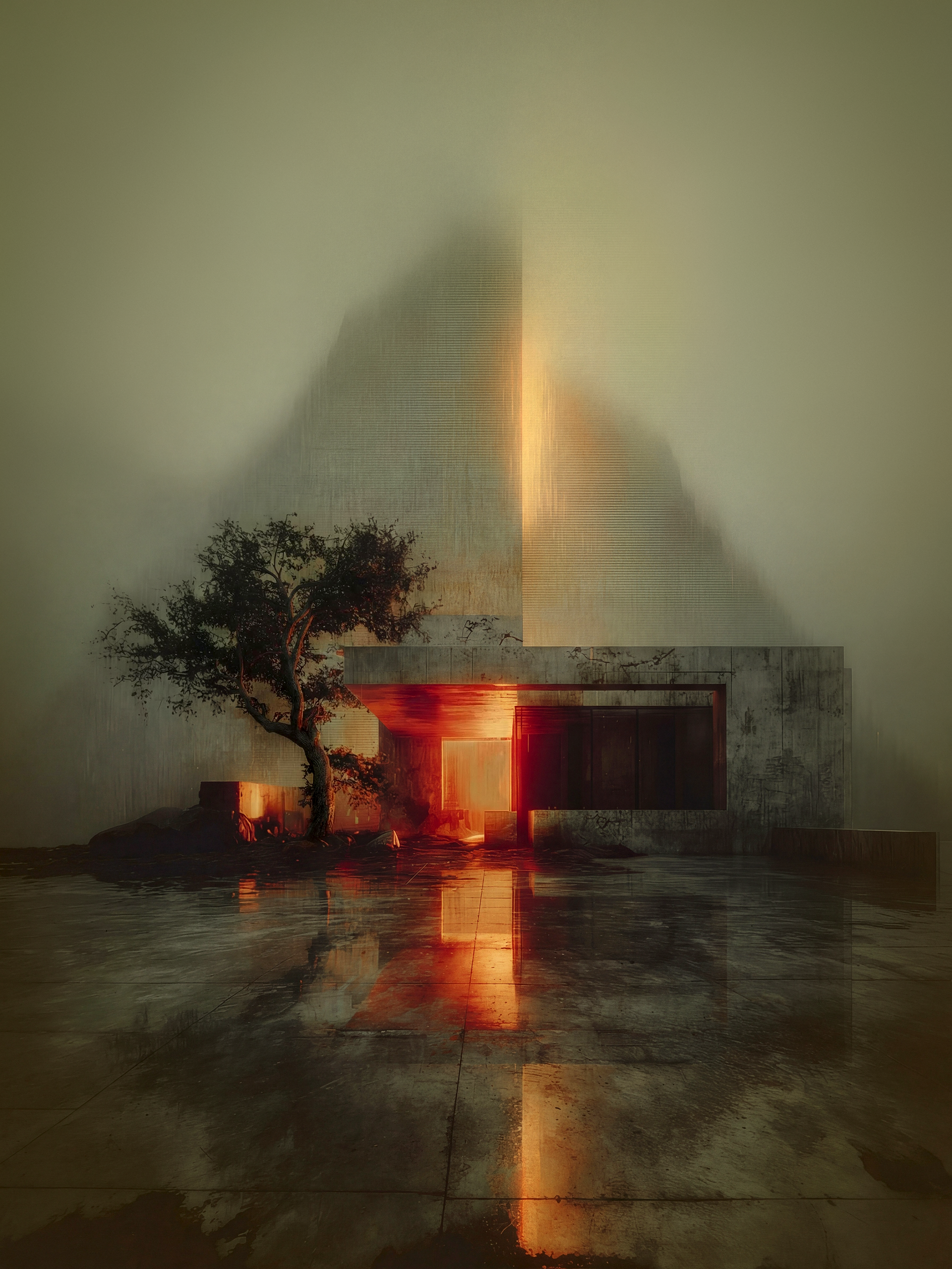 Angular concrete hardscape structure in rain, glowing red light cracks through geometric forms, reflections shimmer on wet ground, minimalist tree and mist in background