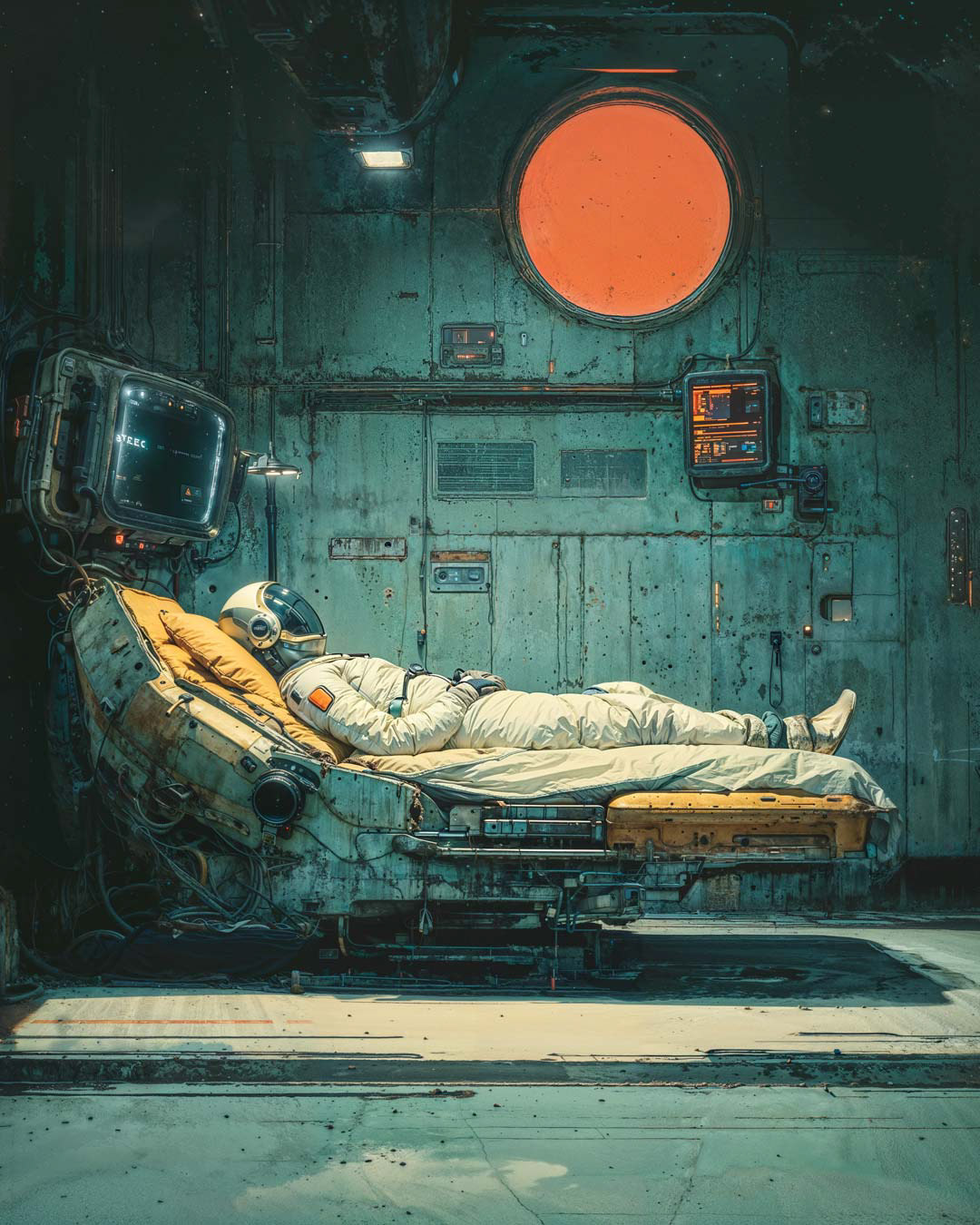 Photographic illustration with influences of solarpunk - a Sci-Fi scene with an astronaut in hypersleep