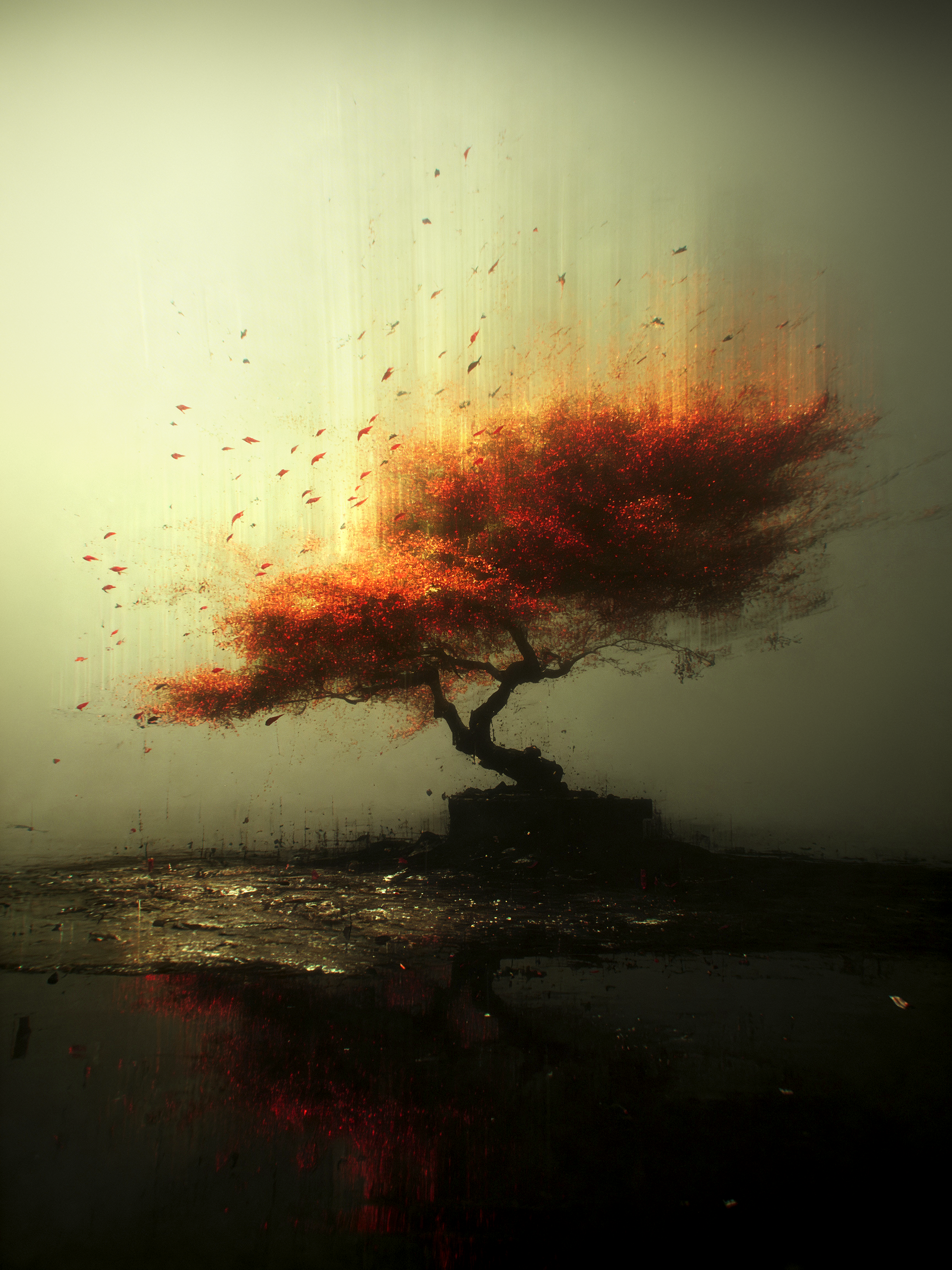 Glowing tree with fiery orange-red foliage against misty backdrop, subtle glitch distortion in leaves and atmospheric depth