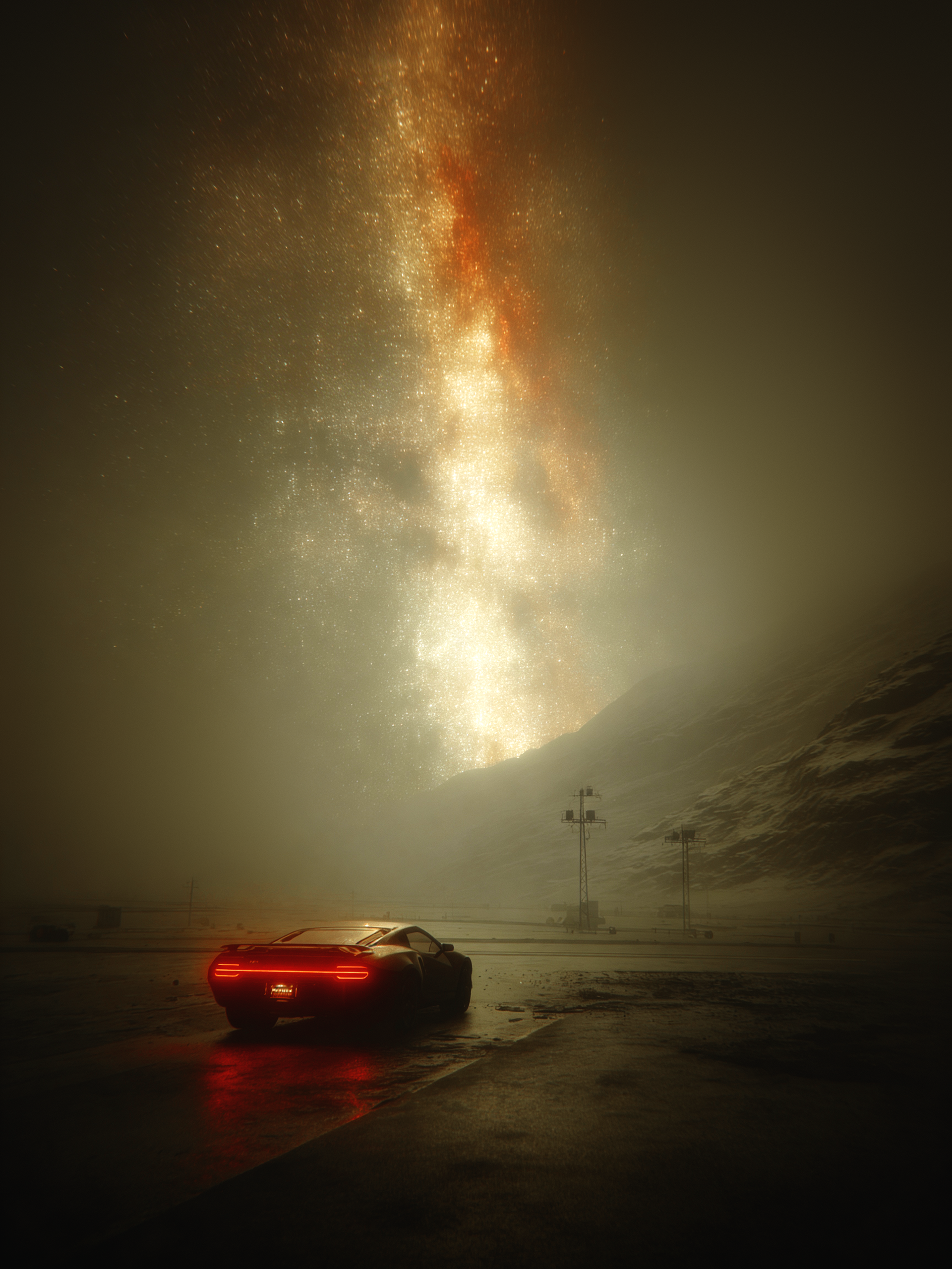 Cosmic starscape rift over snowy landscape, red-orange galaxy stream pours from mountain gap, Dodge Viper sports car parked on wet road with lone figure under streetlamp