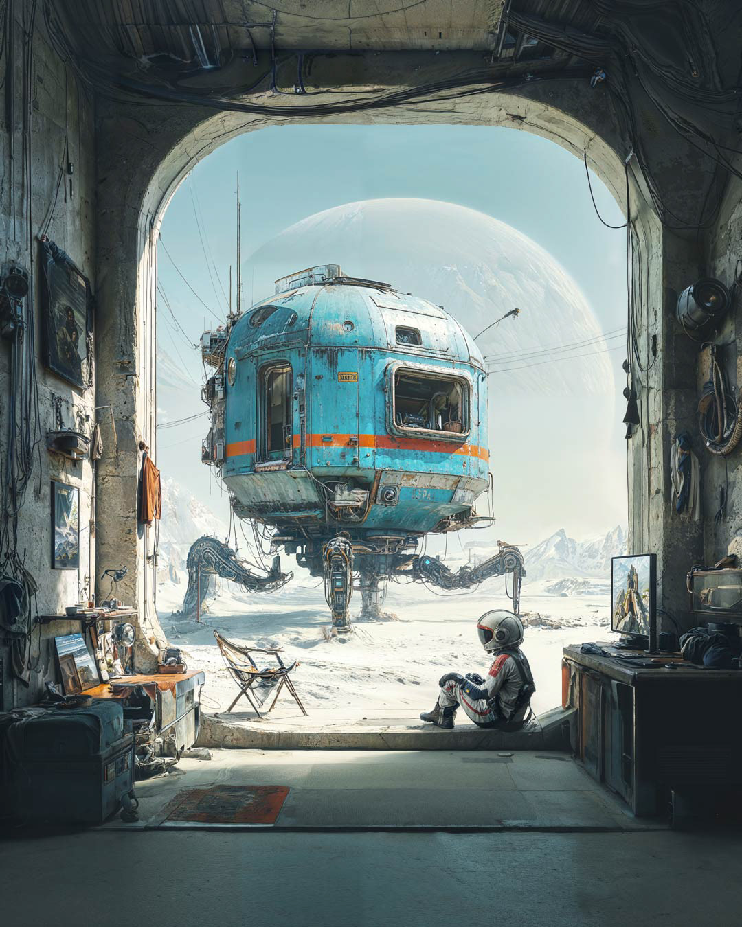 Photographic illustration with influences of solarpunk - a Sci-Fi scene with a kid wearing an astronaut suite. Sitting on the ground at the outpost