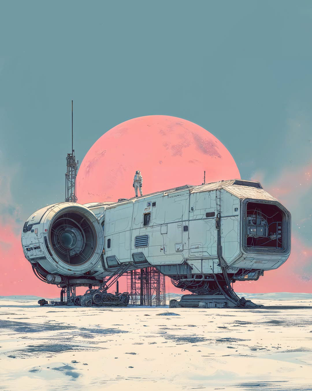 Photographic illustration with influences of solarpunk - a Sci-Fi scene with a astronaut standing on a facility while the moon is rising