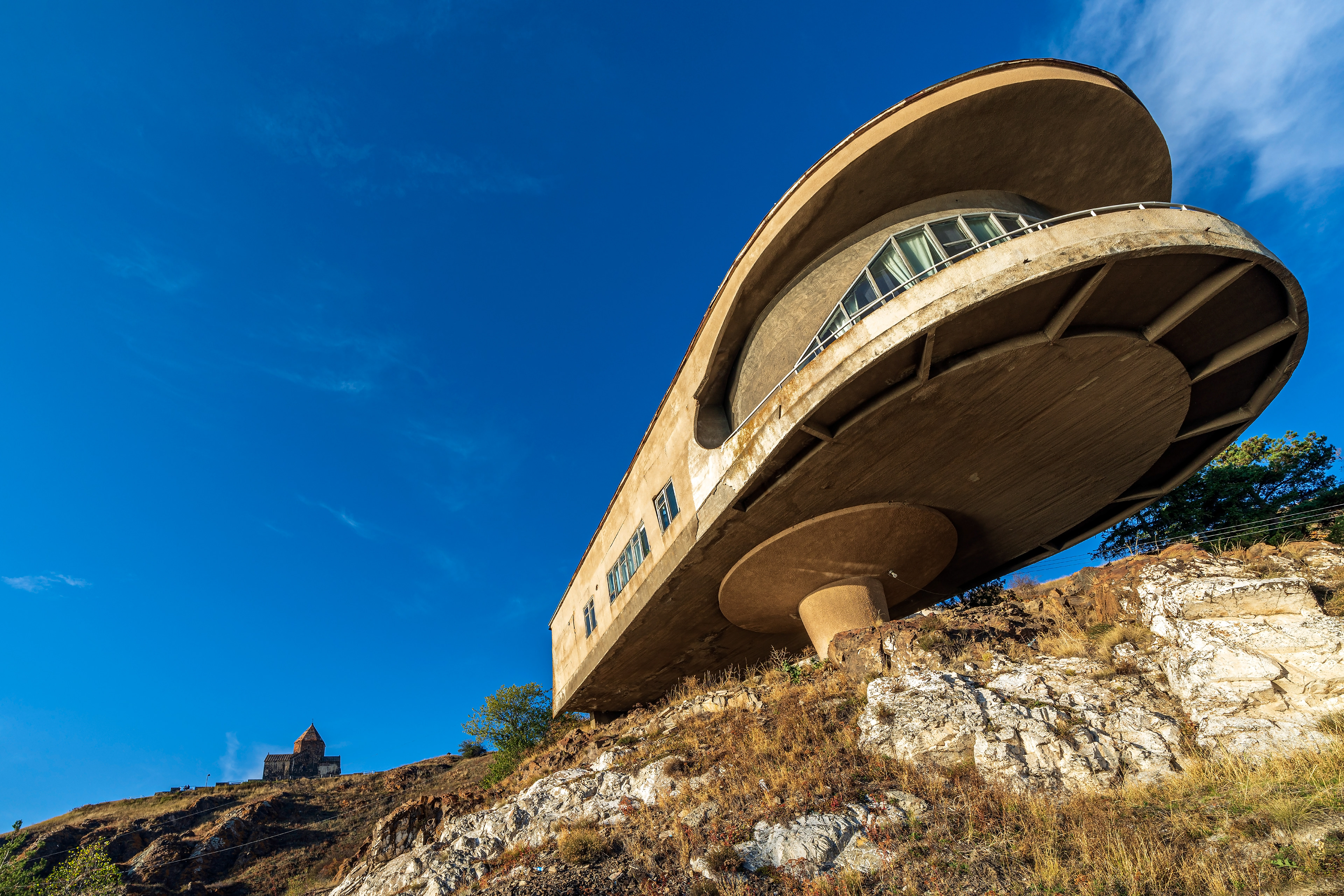 Soviet brutalism at Sevanavank monastic complex by Lake Sevan