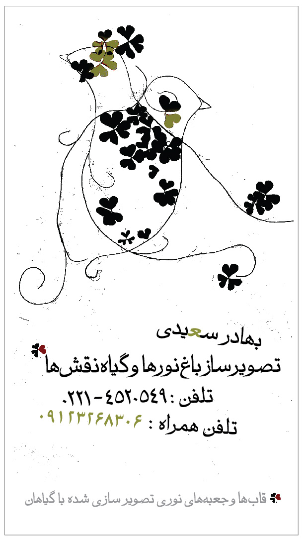 Bahador Saeedi, my esteemed client, is a talented illustrator specializing in crafting exquisite light boxes adorned with natural plants and flowers. In order to enhance his professional image, I took the initiative to design his business card, incorporating a captivating portion of his artwork while optimizing its appearance for print. This particular business card, originally conceived over twenty years ago, stands out as a truly unique and remarkable creation. Both the graphical elements and the meticulously designed text layout contribute to its exceptional appeal.