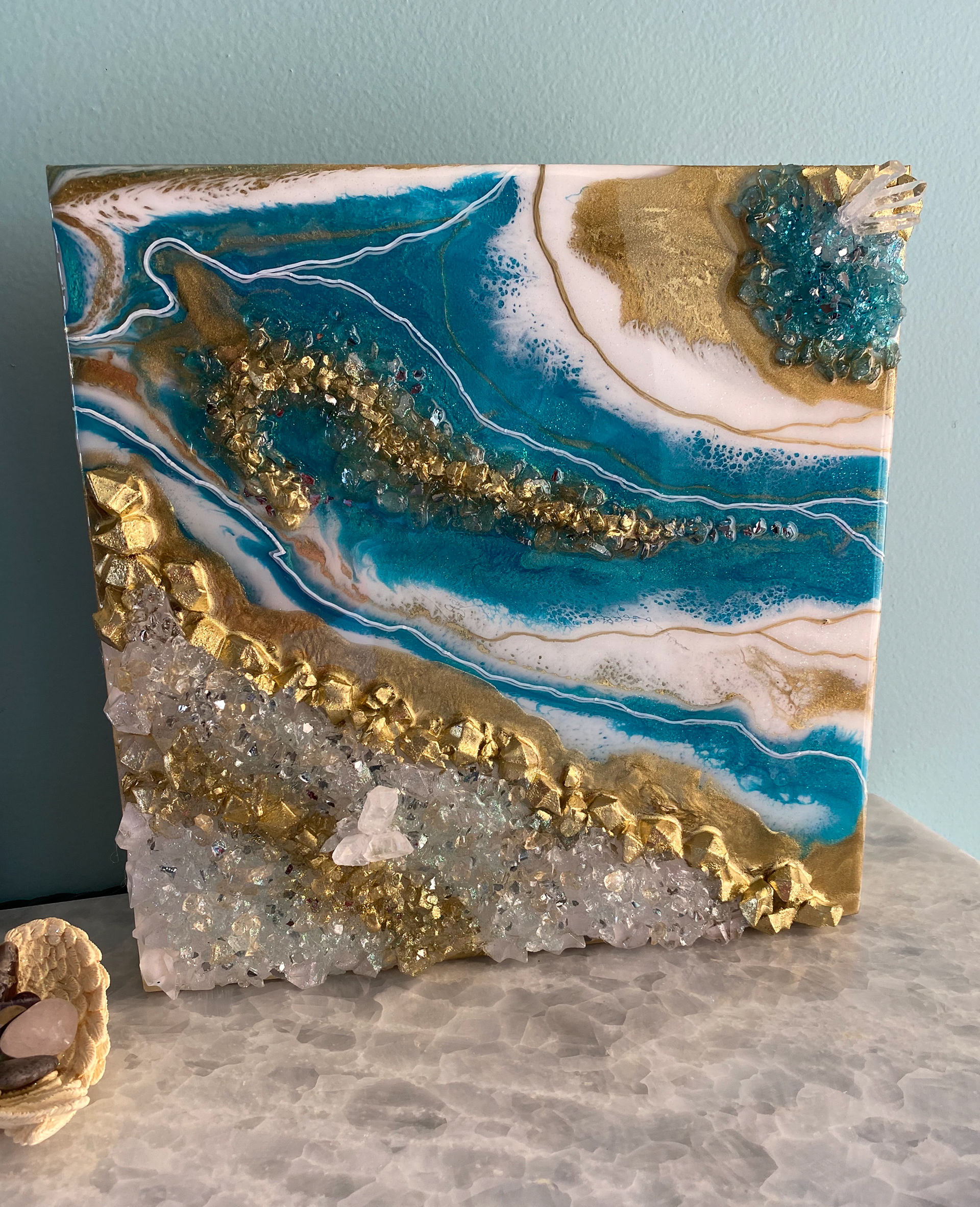 Aquamarine Geode Coaster, Teal Glitter Resin Coaster, Epoxy Art