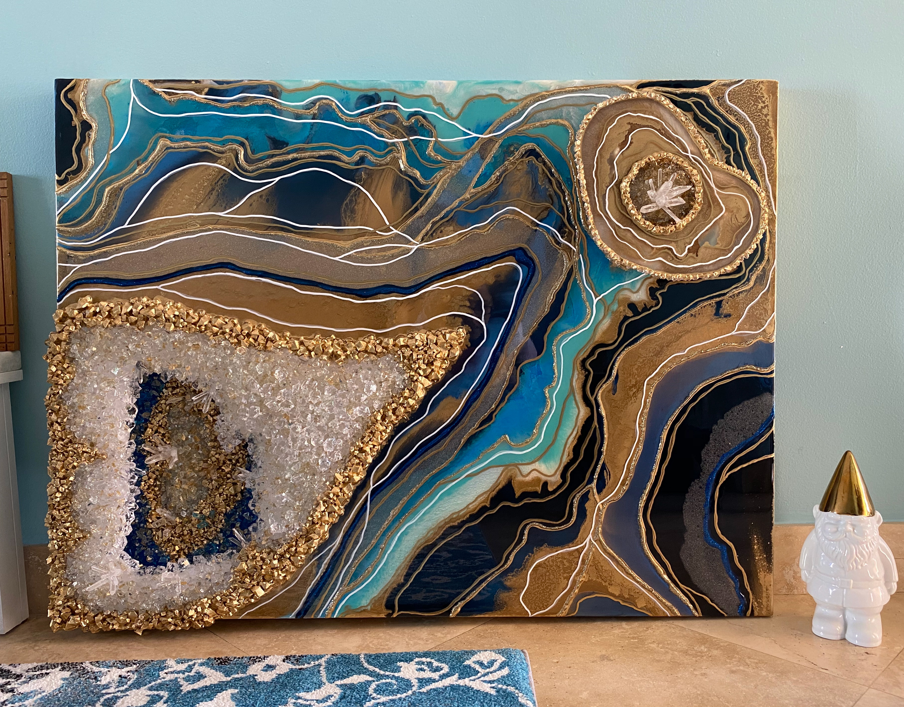 Resin Geode Art, Blue White and Gold Geode Resin Painting. Modern